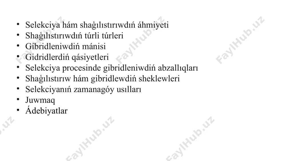 ģılıstırıw tıǵız tuwısqan organizmler arasındaǵı shaģılıstırıw, máselen, ata-ana hám balalar arasındaǵı shaģılıstırıw. bul genlerdiń birdey bolıw itimalın arttıradı, bul bolsa ayırım qásiyetlerdi kúsheytiwi yamasa kemshiliklerdi keltirip shıǵarıwı múmkin. uzaq chatastırıw túrli túrler yaki rasalar arasındaǵı shaģılıstırıw, máselen, eki túrli rasali iytlerdi shaģılıstırıw. bul organizmlerge jana genlerdi alıp keliwi hám genetikalıq hár túrlilikti asırıwı múmkin, bul bolsa ózgeriwsheńlikke beyimlesiwdi kúsheytiwi múmkin. quramalı shaģılıstırıw quramalı shaģılıstırıwda birneshe rasalardı shaģılıstırıw qollanıladı. bul usıl ósimliklerdiń ónimdarlıǵın yamasa haywanlardıń nátiyjeliligin arttırıw ushın qollanıladı, bul process bir neshe maqsetli qásiyetlerdi birlestiriw imkaniyatın beredi. 4 ósimlikler polinaciya procesinde bir-birin qollap-quwatlaydı. bul process shaģılıstırıw arqalı ósimliklerdiń tuqımları tarqaladı hám jańa ósimlikler payda boladı. ósimlik sortları arasındaǵı polinaciya procesindegi baylanıslar tómendegishe boliwi múmkin: haywanlar arqalı shańlandırıw: ayırım ósimlikler bir-birin polinaciya etiw ushın haywanlardı, máselen, arı yamasa gúbeleklerdi tartadı. bunday ósimlikler birgelikte jumis alıp barıp, óz ara aktivlesedi. samal arqalı shańlandırıw: samal járdeminde shańlandırılatuģın ósimlikler de bir-biriniń shańın tarqatıwģa járdem …