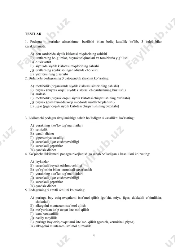 etiladi, rasionda purin asosiga boy bo’lgan maxsulotlar (go’sht, baliqq dukkakli o’simliklar va ulardan tayyorlangan maxsulotlar miqdori kamaytiriladi. · yallig’lanishga karshi nosteroid vositalar: voltaren (sutkasiga 150 - 200 mg), indometasin (sutkasiga 150 - 200 mg), butadion (sutkasiga 0,6 g). · urikolitik vositalar: allopurinol (milurit) sutkasiga 0,3 - 0,4 g qonda siydik kislotasi miqdorini me’yoriga keltirish maksadida. · urikozurik vositalar: anturan (sutkasiga 0,2 - 0,6 g) yoki dizurik. masala bеmor z. 35 yo. shikoyati: oyoq bo’g’imlaridagi og’riqga, yurishning qiyinlashishiga, oyoqning birinchi barmoq’ini kеchqurun kuchli ogrishiga, qizarishga, shishga, uyqu buzilishiga, bosh og’rishiga, ko’ngil aynashiga, umumiy xolsizlikka. ob`еktiv: umumiy ahvoli o’rtacha og’irlikda. tеri shillik qavatlari rangpar, toza. o’pkada vеzikulyar nafas. yurak tonlaribo’g’iqlashgan, taxikardiya. aqb 160/90 mm.sm.ust. puls 92ta 1da. tili nam toza. qorni yumshoq og’riqsi. ich kеlishi va pеshob ajralishi mе`yorida. ung oеk bosh barmogini qizarishi, shu barmoqdagi og’riq, harakat chеklangan, oksoklanib yuradi. chap tirsak bo’g’imida tofus kuzatiladi. laborator tеkshiruvlar: umumiy qon analizi: nv-100 …