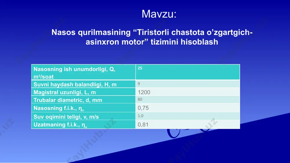 telni elektromagnit quvvati p12 = p2/(1-s) = p2(ω0/ω)=0,464(0.6328/1-0.3=0.6328/0.7)=0,322 (kvt) dvigatelning rotor zanjiridagi quvvat isrofi δp2 = p12 - p2 =0,464-0,322=0,142 (kvt) dvigatelning rotor zanjiridagi maxsimal quvvat isroflari δp2max = (4/27) ph (ω0/ωh)=(0.322/0.162)1,1(195,5/146,6)=0,194 (kvt) demak quvvat isrofining maxsimal qiymati tezlik ωmax = (2/3)ω0 bo‘ganda bo‘lar ekan. shunday qilib xulosa qilish mumkinki, elektr yo‘li bilan nasosning ish q unumdorligini rostlanganda maxsimal quvvat isroflari 2 barobar kam bo‘lar ekan. 9 ”tiristorli chastota o’zgartgich – asinxron motor” tizimilari tavsiflarini hisoblash. “tiristorli chastota o’zgartgich – asinxron dvigatel” (tcho’-ad) tizimidagi asnxron elektr yuritmani mexanik xarakteristikalarini hisoblash dvigatel parametrlari bo’yicha bajariladi ph =1,1 kvt; nн=1500 ayl/min; uh =380 v; ih =2,7 a, mп/mн = 2.1 ; mk/mн = 2,4 ; mmin/mн = 1,6 ; iп/ih =2.4 . qarshiliklar, nisbiy birliklarda: magnitlanish konturi - ẋμ =1,6 nominal rejimda stator chulg’ami - ṙ1 =0,12 ẋ1 = 0,11; nominal rejimda rotor chulg’ami - ṙ2 =0,11 ; ẋ2 =0,19 ; qisqa …