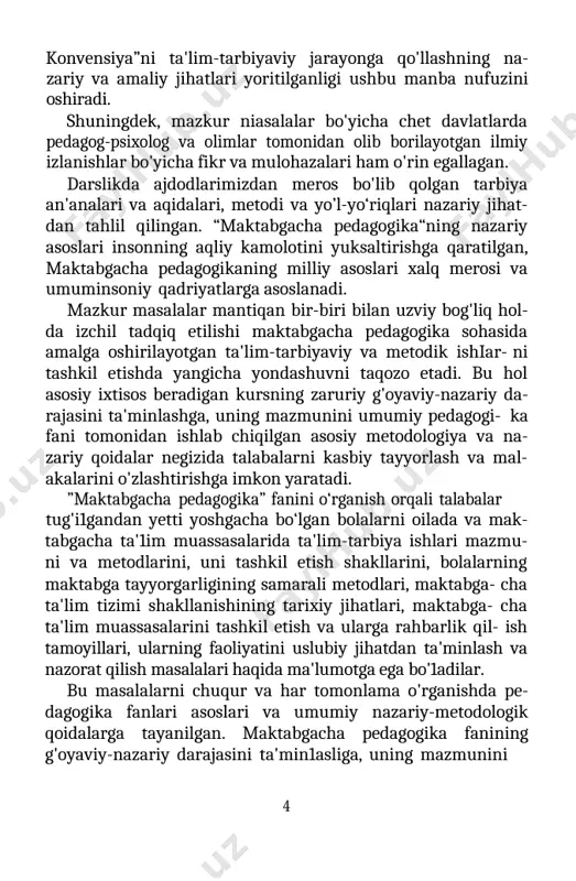 bda amalga oshirilgan: diniy va axloqiy tarbiya, jismoniy tarbiya, o'qish va yozishga o'rgatish. 0ta-bobolarimiz azal-azaldan bola tarbiyasiga alohida e'tibor qaratganlar. imom al-buxoriy, iso at-termiziy, abu ray- hon beruniy, az-zamaxshariy, abdurauf fitrat, abdulhamid cho'lpon, abu ali ibn sino, alisher navoiy singari ulug’ olim- u adiblar, fozilu-fuzalolar ta'lim-tarbiya borasida ko‘p asarlar bitganlar. sharq pedagogikasining asoschilari abu nasr faro- biyning «fozil odamlar shahri», yusuf xos hojibning «qutadg'u ( 6 ) bilig» asari, alisher navoiyning «mahbub u1-qu1ub»i, kaykovus- ning «qobusnonıa»si kabi asarlar bunga dalildir. mazkur ta'limiy asarlar da inson shaxsini ma'naviy kamol- ga yetkazish yuksak xulq-odob, i1m-fanni egallash asosidagina amalga oshirish mumkin, degan g'oya ilgari surilgan. haqiqiy bilimga asoslangan ta'limiy uslub shakllanadi, natijada ta'lim- tarbiya olimlar diqqat markazida bo‘ldi. farobiy ta'lim-tarbiyaga bag'ish1angan asarlarida inson ta- komilida ta'linı-tarbiyaning muhimligi, unda nimalarga e'tibor berish zarurligi, ta'lim-tarbiya usul va uslublari haqida fikr yuritilgan. «fozil odamlar shahri», «baxt-saodatga erishuv to’g’risida», «ilmlarning kelib chikishi» kabi maorifiy asarlar- ida olimning …
