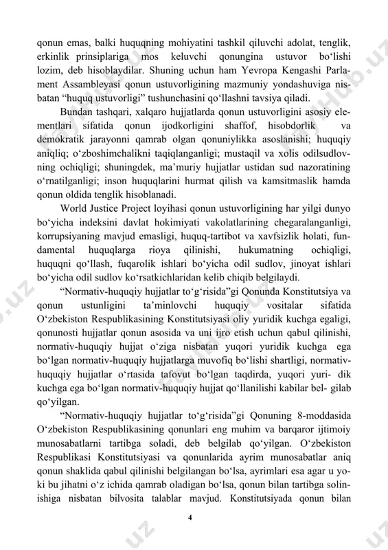 odil sud muhokamasida e’tiroz bildirish imkoni- yatiga ega bo‘lish huquqini nazarda tutadigan aniq va barqaror huquqiy tizim tushuniladi. qonun ustuvorligi prinsipiga formal va mazmuniy yondoshuvlar mavjud bo‘lib, formal yondoshuvchilar faqatgina masalalarni qonun aso- sida hal qilish, qonun asosida boshqarish, qonun bo‘yicha odil sudlov – deb tor ta’rif beradilar, mazmuniy yondoshuv tarafdorlari esa har qanday qonun emas, balki huquqning mohiyatini tashkil qiluvchi adolat, tenglik, erkinlik prinsiplariga mos keluvchi qonungina ustuvor bo‘lishi lozim, deb hisoblaydilar. shuning uchun ham yevropa kengashi parla- ment assambleyasi qonun ustuvorligining mazmuniy yondashuviga nis- batan “huquq ustuvorligi” tushunchasini qo‘llashni tavsiya qiladi. bundan tashqari, xalqaro hujjatlarda qonun ustuvorligini asosiy ele- mentlari sifatida qonun ijodkorligini shaffof, hisobdorlik va demokratik jarayonni qamrab olgan qonuniylikka asoslanishi; huquqiy aniqliq; o‘zboshimchalikni taqiqlanganligi; mustaqil va xolis odilsudlov- ning ochiqligi; shuningdek, ma’muriy hujjatlar ustidan sud nazoratining o‘rnatilganligi; inson huquqlarini hurmat qilish va kamsitmaslik hamda qonun oldida tenglik hisoblanadi. world justice project loyihasi qonun ustuvorligining har yilgi …