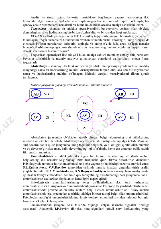 tizimi asosida birinchi signal bilan o`zaro ta`sir qilish jarayonida dastlab umuminsoniy empirizmni va nihoyat odamning o`z tevaragidagi olamni va uning o`zini bilish uchun oliy qurol bo`lgan oliy tafakkur voq`e bo`ladi. tafakkurning muayyan bir narsaga qaratilishi uchun nerv-fiziologik asos bo`lgan orientirovka refleksi tafakkur jarayonlarida katta rol o`ynaydi. akademik i.p.pavlov ta`kidlaganidek, "avvalo umuminsoniy empirizmni nihoyat, atrof olamni va insonning o`zini ham bilish uchun oliy qurol bo`lgan fanni ham yaratuvchi maxsus insoniy oliy tafakkur zarurdir". tafakkur operatsiyalari, tafakkur shakllari, turlari. tafakkur borasidagi psixologik nazariyalar. muammoli vaziyat va uni hal qilish metodlari. tafakkur jarayoni insonning bilishga bo`lgan ehtiyojlari, tevarak-atrofdagi olam va turmush to`g`risidagi o`z bilimlarini kengaytirishga va chuqurlashtirishga intilish sababli vujudga keladi. fikr qiluvchi kishining tafakkuri-ob`ektni anglashi, bilishi tafakkur jarayonining xarakterli xususiyatidir. odam o`zi idrok qilayotgan narsalar to`g`risida fikr qiladi. shuning uchun tushunchalar narsalarning butun bir sinfi, turkumi to`g`risida fikr qiladi, ya`ni bular tafakkurning ob`ekti bo`ladi. bir analiz, sintez, taqqoslash, abstraksiyalash va umumlashtirish, tasniflash …