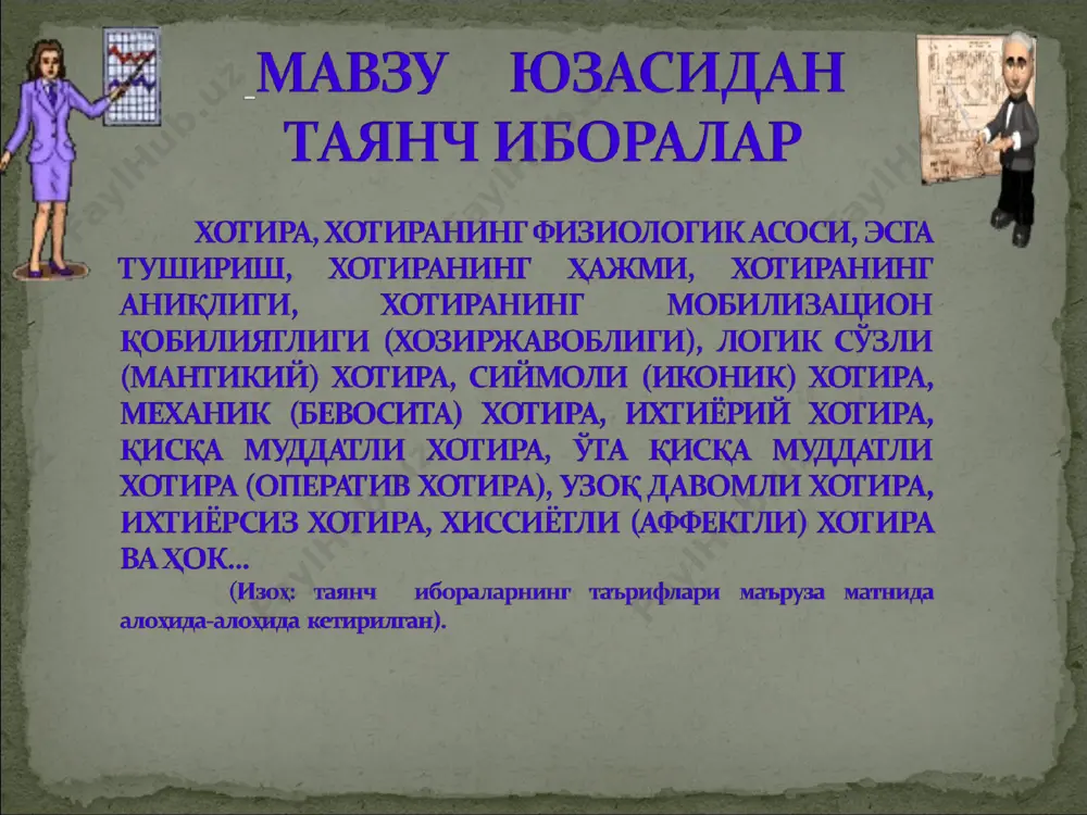 ниятлари: 8. тормозланиш қонуни- хар қандай муайян маълумот ўзидан олдинги маълумотни тормозлайди. шунинг учун унинг ўчиб кетмаслиги учун янгини эсда сақлашдан аввал мустахкамлаш чораларини кўришингиз керак. хотира психопатологияси тўртда гурухга бўлинади: i. гипермнезия ii. гипомнезия iii. амнезия iv.парамнезия хотира психопатологияси: * каримов и.а. «юксак маънавият енгилмас куч». т; «ўзбекистон» 2008. – 61 б. и.а.каримов. баркамол авлод – ўзбекистон тараққиётининг пойдевори. – т .: шарқ, 1998. – 164. вагин и.о.умейте мыслить гениально. – спб.: питер, 2001. – 192 с. – (серия «сам себе психолог»). колминский я.л. человек:психология: кн. для учащихся ст. классов. – 2-е изд., доп. – м.: просвещение, 1986. – 223 с.: ил. майерс д. /пер. с англ. и.а.карпиков, в.а.старавойтова; худ.обл. м.в.драко. – мн. : ооо «попурри», 2001. – 848 с.:ил. рогов е.и.настольная книга практического психолога: учеб.пособие: в 2 кн. – 3-е изд. – м.: гуманит. изд. центр владос, 2000. – кн. 2:работа психолога со взрослыми. коррекционные приёмы и упражнения. …