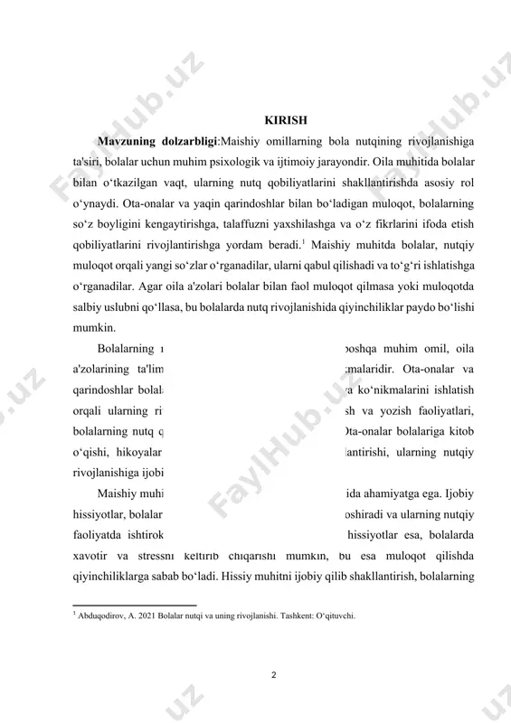 an ishonchini oshiradi va ularning nutqiy faoliyatda ishtirok etishlariga yordam beradi. salbiy hissiyotlar esa, bolalarda xavotir va stressni keltirib chiqarishi mumkin, bu esa muloqot qilishda qiyinchiliklarga sabab bo‘ladi. hissiy muhitni ijobiy qilib shakllantirish, bolalarning nutq rivojlanishini qo‘llab-quvvatlaydi va ularning o‘z fikrlarini ifoda etish qobiliyatlarini oshiradi. natijada, maishiy omillar bola nutqining rivojlanishida muhim ahamiyatga ega. oila muhitida ijobiy muloqot, bolalarning so‘z boyligini kengaytiradi, ularning nutq qobiliyatlarini rivojlantiradi va ijtimoiy moslashuv jarayonida ularga yordam beradi. ota-onalar va oila a'zolari, bolalar bilan muntazam muloqot qilib, ularning nutqiy rivojlanishiga hissa qo‘shishlari zarur. bu, bolalarning kelajakdagi muvaffaqiyatlariga yo‘l ochadi va ularning ijtimoiy hayotda faol ishtirok etishlariga yordam beradi. kurs ishining predmeti: maishiy omillarning bola nutqining rivojlanishiga ta'siri predmeti, bolalar o‘z hayotlarida uchraydigan ijtimoiy va psixologik muhitni o‘z ichiga oladi. bu omillar, oila a'zolari, yaqin do‘stlar, o‘qituvchilar va boshqa ijtimoiy aloqalardagi muloqot usullari orqali bolalar nutqining rivojlanishiga bevosita ta'sir ko‘rsatadi. oila muhitidagi nutqiy interaktsiyalar, bolalarning so‘z …
