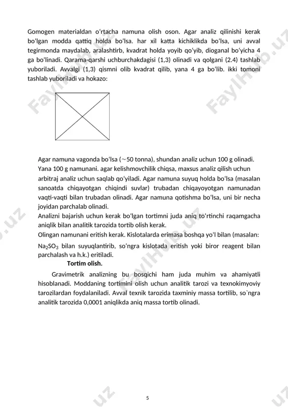 l cho`kmalar olinganda 0,5 g atrofida, amorf cho`kmalarning massasi 0,2-0,3 g atrofida bo`lishi maqsadga muvofiqdir. shu qiymatlardan foydalanib, tortimning yana cho`ktiriladigan ayni vaqtda miqdori aniqlanayotgan moddaning optimal tortimini hisoblab chiqariladi. masalan, bariy xlorid kristallogidrati bacl2 ∙ 2h2o tarkibidagi bariyni foiz miqdorini aniqlash kerak bo`lsin. tekshirilayotgan bacl2 ∙ 2h2o ning tortimining massasi quyidagicha hisoblanishi mumkin: 233,43 g baso4 olish uchun 244,31 g bacl2 ∙ 2h2o 0,5 g baso4 m g bacl2 ∙ 2h2o m=0.5·244.31/233.43 analitik kimyoda o‘lchash analitik signalni olishning keng tarqalgan usulidir. massasi noma’lum bo‘lgan har qanday modda oldin texnik tarozida (1-rasm) 0,01 g aniqlikda, keyin analitik tarozida 0,0001 g aniqlikda o‘lchanadi. hozirgi vaqtda analitik kimyoda kam miqdordagi moddalar bilan ishlanadi. shuning uchun ham analitik tarozilar massasi 100-200 g gacha bo‘lgan moddalaphi tortishga mo‘jallangan. analitik tarozilar ikki yoki bir pallali bo‘ladi. 2-rasm ikki pallali vlr-rusumli analitik tarozi: 1-pallalar; 2-arretir; 3-milligramm massali toshchalarni o‘rnatish dastalari; 4-o‘lchash natijasini olish ekrani. 1.2.gravimetrik analiz …