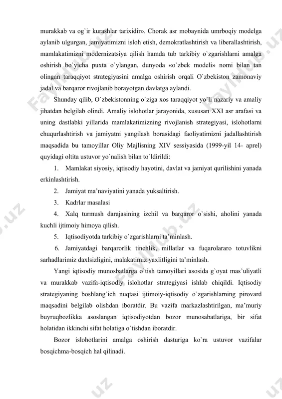 atlarga o`tish tamoyillari asosida g`oyat mas’uliyatli va murakkab vazifa-iqtisodiy islohotlar strategiyasi ishlab chiqildi. iqtisodiy strategiyaning boshlang`ich nuqtasi ijtimoiy-iqtisodiy o`zgarishlarning pirovard maqsadini belgilab olishdan iboratdir. bu vazifa markazlashtirilgan, ma’muriy buyruqbozlikka asoslangan iqtisodiyotdan bozor munosabatlariga, bir sifat holatidan ikkinchi sifat holatiga o`tishdan iboratdir. bozor islohotlarini amalga oshirish dasturiga ko`ra ustuvor vazifalar bosqichma-bosqich hal qilinadi. birinchi bosqichda totalitar tuzumdan hozirgi zamon bozor munosabatlariga o`tish davridagi bir-biriga bog`liq ikki vazifani bir vaqtda hal qilishga to`g`ri keldi: ma’muriy buyruqbozlik tizimining og`ir oqibatlarini tugatib, iqtisodni barqarorlashtirish va bozor munosabatlarining negizini shakllantirish. bu bosqich jarayonida iqtisodiy islohotning asosiy yo`nalishlari o`zbekistonning birinchi pezidenti tomonidan belgilab berildi: -o`tish jarayonining huquqiy asoslarini shakllantirish, islohotlarning qonuniy-huquqiy bazasini mustahkamlash va rivojlantirish; -qishloq xo`jaligida mulkchilikning yangi shakllarini vujudga keltirish; -ishlab chiqarishning pasayib borishiga barham berish. dastlabki vaqtning o`zida iqtisodiy munosabatlarning huquqiy negizini barpo etadigan 100 ga yaqin asosiy qonun xujjatlari qabul qilingan bo`lib, ularni mazmun-mohiyati jihatidan quyidagi yo`nalishlarga bo`lish mukin: 1. mulkchilik munosabatlari …