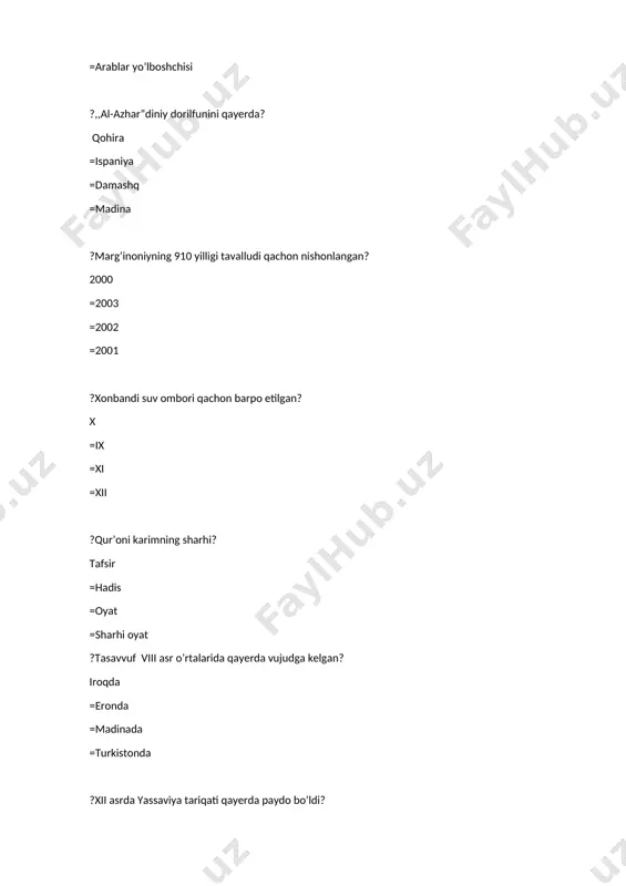 g`aboshi =xon yasovuli =muhtasib =shigdvui ?shariat qonunlar bajarilishi ustidan nazoratni amalga oshirgan. shayxulislom = eshikog'aboshi = xon yasovuli = shig'ovul ? xonga tegishli yilqi, ot-ulov va ularning ta'minoti bilan kim shug'ullangan? miroxur = qushchi = xon yasovuli = shig`ovul ?shayboniylar davrida xonning ovini tashkil etuvchi bu …. qushchi = xon yasovuli = miroxur = shig`ovul ?shayboniylar davrida qurol-aslaha xizmati boshlig'i bu …. qo'rchiboshi =qushchi = xon yasovuli = shig'ovul ?shayboniylar davrida davlat muassasalari, qo`shin va xon xonadoni xarajatlarini qoplash uchun to'lanadigan soliq nima deb atalgan? ixrojot = solgut = begor = targ'u ?usmonlilar movarounnahrdagi toju-taxt uchun kurashda kimni qo'llab-quvvatlab turgan edilar? navro'z ahmadxonni = abdulazizxonni = abdulmo'minxonni = pirmuhammadxonni ?buxoro xonligi, eron va hindiston yo'nalishida o'ziga xos darvoza vazifasini o'tar edi. xuroson =mesopotamiya =movarounnahr = sharqiy turkiston ?rossiyada qaysi podsho davrida qozon xonligi, hojitarxon xonligi bosib olingan edi? ivan grozniy = pyotr i =yekaterina 2 = mixail romanov ?qozon xonligi …