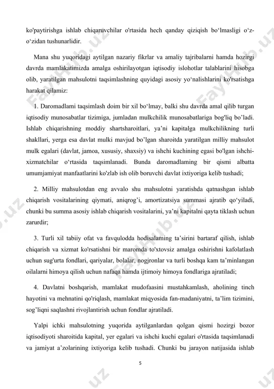 qilishga xizmat qiladi. ko‘proq va yaxshiroq ishlagan shaxs ko‘proq daromad oladi. kapitalga ko‘ra taqsimlash tamoyili ishlab chiqarish vositalarining egaligiga asoslanadi. bunda korxonalar va mulk egalari investitsiya qilgan kapitaliga qarab foyda oladilar. ushbu tamoyil kapital egalari uchun rag‘bat yaratib, iqtisodiy rivojlanishni tezlashtiradi. iste’molga ko‘ra taqsimlash tamoyili bozor talabiga muvofiq taqsimotni belgilaydi. aholining to‘lov qobiliyati yuqori bo‘lgan qismi ko‘proq mahsulot va xizmatlardan foydalanish imkoniga ega bo‘ladi. bu bozor iqtisodiyotining asosiy qonuniyatlariga mos keladi. ehtiyojga ko‘ra taqsimlash tamoyili ijtimoiy adolatni ta’minlashga qaratilgan. bunda daromadlar va mahsulotlar aholining asosiy ehtiyojlari bo‘yicha taqsimlanadi. bu tamoyil ko‘proq ijtimoiy davlatlarda qo‘llanib, sog‘liqni saqlash, ta’lim va ijtimoiy yordam tizimlarida o‘z aksini topadi. tenglik tamoyili barcha insonlarga teng imkoniyatlar berishni ko‘zda tutadi. bu taqsimlash shakli ijtimoiy tengsizlikni kamaytirib, adolatli iqtisodiy tizimni shakllantirishga yordam beradi. bunda har kim jamiyatdagi umumiy boylikdan teng ulush olish huquqiga ega bo‘ladi. xulosa qilib aytganda, mahsulot va daromadlarning taqsimlanish tamoyillari turli iqtisodiy va ijtimoiy sharoitlarda …