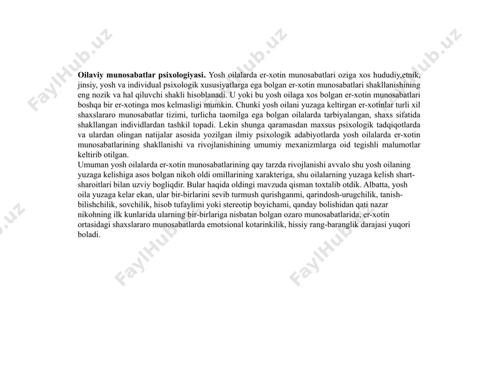 ari dunyoga kelmaslaridan oldin bo�lib o�tib ketgan. bolalar esa ular turmushining faqat yaxshi, tinch-totuv,ahil-inoqlik, bir-birlariga nisbatan mehr-oqibatli, ibratli jihatlaridangina xabardor bo�ladilar. shunday oila qurishni tasavvur qilgan yoshlarimiz, oila qurganlaridan so�ng o�zlari kutgandek turmush kechira olmasalar, nikohning dastlabki eng nozik, murakkab, qiyin, yangi ijtimoiy vaziyatlar, sharoitlar, bir-birlariga moslashish jarayonlarida yuzaga kelgan qiyinchiliklar, to�siqlar, muammolar oldida esankirab qolib, oila qurishda «adashganliklari»dan nolib qolishlari mumkin. sovchilik harakatlari biroq hozirgi vaqtda sovchilik talablariga amal qilmaslik, uni qo�pol buzish hollari ham tez-tez uchrab turibdi. hozirgi vaqtda sovchilikka borilar ekan, tanlanajak kelinning, bo�lajak qaynona yoki sovchi bo�lib borgan odamning didiga qay darajada mos tushishi, uning ota-onasi, har ikkala oilaning moddiy ijtimoiy holati, mavqeyi kabilarga ko�proq e�tibor berilib, bu jarayonlarning bosh sababchilari, bo�lajak kelin va kuyovning manfaatlari, ularning bir-birlariga mos kelishi yoki kelmasligi jihatlari unutilib qo�yayotganlik hollarini ham kuzatishimiz mumkin. bunday vaziyatlarda shubhasizki, yoshlarning o�zlarini oilaviy hayotlari haqidagi masalalarini hal etishdagi ishtiroklari, ularning fikri, bunga nisbatan munosabatlari …