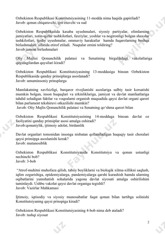 ar hamda fuqarolarning boshqa birlashmalari �������� sifatida e�tirof etiladi. nuqtalar o�rnini to�ldiring? javob:jamoat birlashmalari oliy majlisi qonunchilik palatasi va senatining birgalikdagi vakolatlariga quyidagilardan qaysilari kiradi? o�zbekiston respublikasi konstitutsiyasining 13-moddasiga binoan o�zbekiston respublikasida qanday prinsiplarga asoslanadi? javob: umuminsoniy prinsplarga mamlakatning xavfsizligi, barqaror rivojlanishi asoslariga salbiy ta�sir ko�rsatishi mumkin bo�lgan, inson huquqlari va erkinliklariga, jamiyat va davlat manfaatlariga tahdid soladigan faktlar va voqealarni o�rganish maqsadida qaysi davlat organi qarori bilan parlament tekshiruvi o�tkazilishi mumkin? javob: oliy majlis qonunchilik palatasi va senatning qoʻshma qarori bilan o�zbekiston respublikasi konstitutsiyasining 14-moddaga binoan davlat o�z faoliyatini qanday prinsiplar asosi amalga oshiradi? javob:qonuniylik, ijtimoiy adolat, birdamlik davlat organlari tomonidan insonga nisbatan qo�llaniladigan huquqiy ta�sir choralari qaysi prinsipga asoslanishi kerak? javob: mutanosiblik o�zbekiston respublikasi konstitutsiyasida konstitutsiya va qonun ustunligi nechinchi bob? javob: 3-bob “atrof-muhitni muhofaza qilish, tabiiy boyliklarni va biologik xilma-xillikni saqlash, iqlim o�zgarishiga, epidemiyalarga, pandemiyalarga qarshi kurashish hamda ularning oqibatlarini yumshatish sohalarida yagona davlat siyosati amalga oshirilishini …