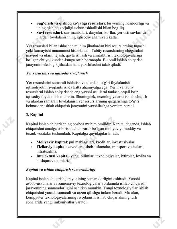 ning yana bir muhim omilidir. yangi boshqaruv usullari, texnologiyalar, mahsulotlar va xizmatlar ishlab chiqarishni takomillashtiradi. innovatsiyalar menejmentning samaradorligini oshirishga yordam beradi, bu esa korxonaning raqobatbardoshligini oshiradi. 5. axborot va bilim resurslari axborot va bilim resurslari ishlab chiqarishda samaradorlikni oshiruvchi yana bir muhim omildir. axborot texnologiyalarining rivojlanishi, yangi bilimlar va ilmiy ishlanmalar ishlab chiqarish jarayonlarini modernizatsiya qilish va optimallashtirishga yordam beradi. axborot texnologiyalarining roli axborot texnologiyalari ishlab chiqarishning barcha sohalarini boshqarishda va muvofiqlashtirishda muhim rol o‘ynaydi. bu texnologiyalar yordamida ishlab chiqarishning barcha bosqichlari samarali boshqariladi, mahsulot sifatini oshirish va xarajatlarni kamaytirish imkoniyati tug‘iladi. bilim resurslarining ahamiyati bilim va axborotlar ishlab chiqarish samaradorligini oshiradi, chunki ular yangi mahsulotlarni ishlab chiqish, eski texnologiyalarni yangilash va bozorda muvaffaqiyatli raqobat qilish uchun zarurdir. 2. omillarni tasniflashni turli sohalarda amalga oshirish mumkin. quyidagi ba'zi misollarni keltirib o'tish mumkin: 1. ijtimoiy va iqtisodiy omillarni tasniflash · ijtimoiy omillar: bu omillar jamiyatning turli qatlamlari, madaniy, ma'naviy qadriyatlari va …