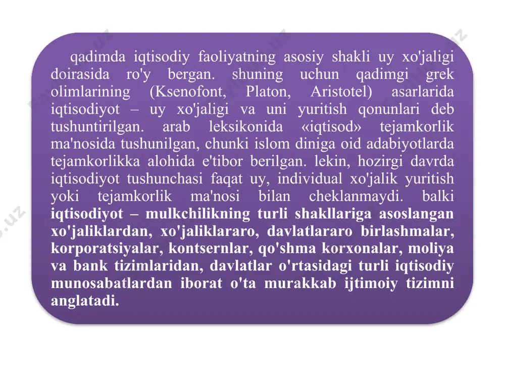. iste'mol buyumlarining ehtiyojlarni qondirish maqsadida o'z ahamiyati bo'yicha pirovard ravishda ishlatilishi shaxsiy iste'mol deyiladi. taqsimot jarayoni ishlab chiqarish jarayoni iste'mol jarayoni ayirboshlash jarayoni tovarlar, xizmatlar va resurslarning takror ishlab chiqarish fazalaridagi harakati iqtisodiyotning doimiy va bosh masalasi – ehtiyojlarning cheksizligi va iqtisodiy resurslarning cheklanganligidir. insonning yashashi va kamol topishi, umuman insoniyatning rivojlanishi uchun kerak bo'lgan hayotiy vositalarga bo'lgan zarurati iqtisodiyot nazariyasi fanida ehtiyoj deb ataladi. ehtiyojlar ijtimoiy-iqtisodiy ehtiyojlar ehtiyojlarni iste'mol qilish tavsifiga ko'ra birlamchi ehtiyojlar umumjamiyat ehtiyoj-lari hududiy guruhiy yakka birgalikda qondiriluvchi ehtiyojlar ma'naviy moddiy shaxsiy ishlab chiqarish ikkilamchi ehtiyojlar 15 iqtisodiy resurslarni quyidagi guruhlarga ajratish mumkin: tabiiy resurslar ishchi kuchi resurslari kapital yer, yer osti boyliklari, suv, o'rmon va biologik resurslar kishilarning aqliy va jismoniy qobiliyatlari foyda olish maqsadida ishlatiladigan binolar, stanoklar, mashinalar, asbob-uskunalar, inshootlar, qurilmalar, sotishga tayyor tovarlar, pul mablag'lari va boshqalar tadbirkorlik qobiliyati kishilarning ishlab chiqarish va xizmat ko'rsatish jarayonlarini tashkil etish va boshqarish qobiliyatlari moddiy …