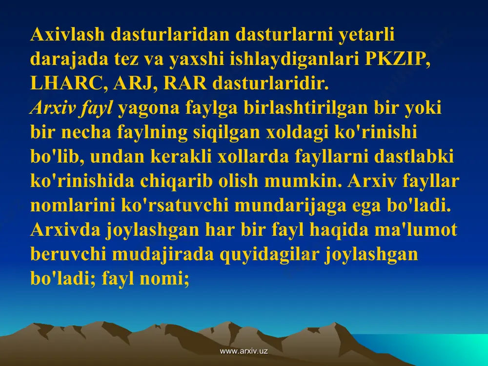 rni bajarishga kirishadilar. ekranda arxivga kiritilayotga fayllar nomlari tasvirlanadi. www.arxiv.uz www.arxiv.uz har bir faylni "siqishda" faylning qayta ishlangan foizi yoki bu jarayonni ko'rsatuvchi gorizantal chiziqcha hosil bo'ladi. faylni arxivlash tugatilgach , uning qarshisida siqilish darajasi haqida xabar chiqariladi. shuni ta'kidlash kerakki, arj va pkzip dasturlari siqilish darajasi xaqidagi xabarni turli xilda ko'rsatadi. masalan,. agar dastlabki faylni 10 marta siqilsa arj dasturi ishi tugagach 10% ni, pkzip esa 90%ni ko'rsatadi. arxivni ochish , yani undagi fayllarni olish uchun yuqoridagi buyruqda a harfi o'rniga e harfi qo'yiladi. arj a matn lharc e matn yoki prunzip matnarxivlarni ochishda faqat oxirgi buyruqda pkzip o'rniga pkunzip dasturi bajarilishini ko'rish mumkin. www.arxiv.uz www.arxiv.uz mazkur buyruqlarni bajarilishida fayllar arxivdan ketma-ket chiqariladi va joriy katalogga yoziladi. navbatdagi biror faylni arxivdan chiqarishda mazkur katalogda shu nomdagi fayl mavjud bo'lsa, kompyuter "eski faylning ustiga yozamizmi?" deb so'raydi. agar savolga y (yes) deb javob beralsa, eski fayl o'rniga yangisini yozadi, aks …