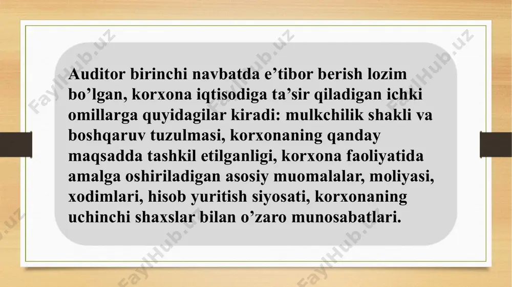 artning vazifalari mazkur standartning talablari barcha auditorlik tashkilotlari uchun rasmiy auditorlik xulosasini tayyorlashni ko’zda tutuvchi auditning amalga oshirilishi chogida (ular tavsiyanoma tusiga ega ekanligi to’gridan-to’gri ko’rsatilgan qoidalari bundan mustasno), majburiy bo’lib hisoblanadi. . mazkur standart talablari, uning natijalari bo’yicha rasmiy auditorlik xulosasi tayyorlashni ko’zda tutmaydigan auditning amalga oshirilishi chogida, shuningdek, auditga turdosh xizmatlar (konsalting xizmatlari) ko’rsatilishi chogida tavsiyanoma tusida bo’ladi. aniq topshiriq bajarilishi chogida mazkur standartning majburiy talablaridan chetga chiqilgan hollarda auditorlik tashkiloti buni o’zining ish hujjatlarida va audit hamda (yoki) unga turdosh xizmatlarga buyurtma bergan xo’jalik yurituvchi sub’ekt rahbariyatiga beriladigan yozma hisobotda majburiy tartibda keltirib o’tishi lozim tahliliy tadbir o’z ichiga quyidagilarni oladi: xo’jalik yurituvchi sub’ektning moliyaviy hisobotlari ko’rsatkichlarini uning rejadagi ko’rsatkichlari bilan solishtirish. moliyaviy hisobotlarning amaldagi ko’rsatkichlarini auditorlik tashkiloti tomonidan belgilangan prognoz ko’rsatkichlari bilan solishtirish. moliyaviy hisobotko’rsatkichlarini amaldagi qonunchilik va me’yoriy hujjatlar yoki xo’jalik yurituvchi sub’ektlarning o’zi tomonidan belgilanadigan me’yoriy hujjatlar bilan solishtirish. moliyaviy hisobot ko’rsatkichlarini moliyaviy hisobot …