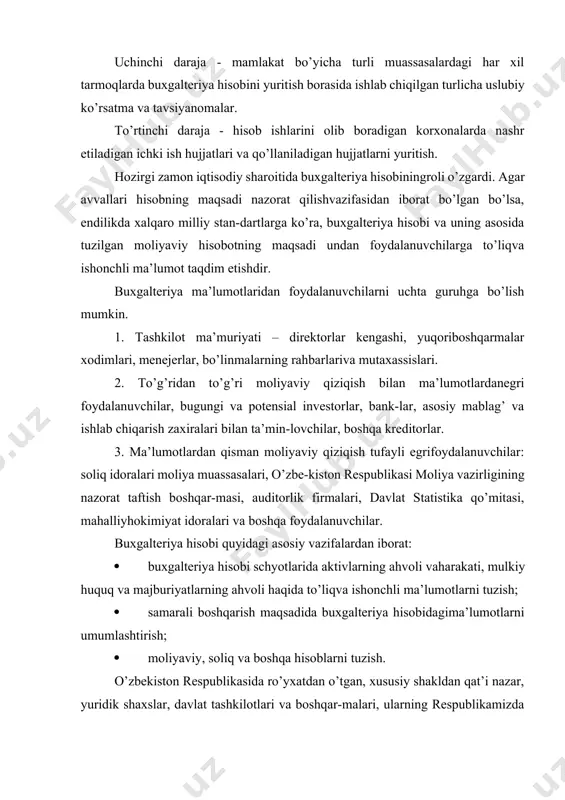voli vaharakati, mulkiy huquq va majburiyatlarning ahvoli haqida to’liqva ishonchli ma’lumotlarni tuzish; · samarali boshqarish maqsadida buxgalteriya hisobidagima’lumotlarni umumlashtirish; · moliyaviy, soliq va boshqa hisoblarni tuzish. o’zbekiston respublikasida ro’yxatdan o’tgan, xususiy shakldan qat’i nazar, yuridik shaxslar, davlat tashkilotlari va boshqar-malari, ularning respublikamizda va undan tashqarida joylash-gan tarmoq korxonalari, filiallari va boshqa shu’ba bo’linmalaribuxgalteriya hisobining subyektlari bo’la oladi. buxgalteriya hisobining obyektlari asosiy va joriy aktiv,majburiyat, xususiy kapital, zaxiralar, daromad va xarajat(chiqim)lar, foydalar, ularning harakatlari bilan bog’liq xo’jalikoperatsiyalari bo’ladi. hisob siyosati deganda xo’jalik subyektlari rahbarlarining buxgalteriya hisobini yuritish va moliyaviy hisobotlarni tuzish uchun qo’llagan usullarning yig’indisi tushuniladi. tashkilotning hisob siyosati buxgalteriya hisobining quyidagiasosiy tamoyillariga mos kelishi lozim: - uzluksiz; - xo’jalik operatsiyalari, aktiv va passivlarning pullik bahosi; -ishonchlilik; xqo’shib yozish usullari; -ko’rsatkichlarni solishtirish (taqqoslash);xmoliyaviy hisobotning xolisligi; -hisobot davri tushum va chiqimlarining mos kelishi; - mulkiy ajratilganlik; - aktiv va majburiyatlarning aniq bahosi; -formadan mazmunning ustunligi; -ratsionallik (muvofiqlik); -qarama-qarshilikning yo’qligi; -aniqlik; -ma’nodorlik; -jiddiylik; …