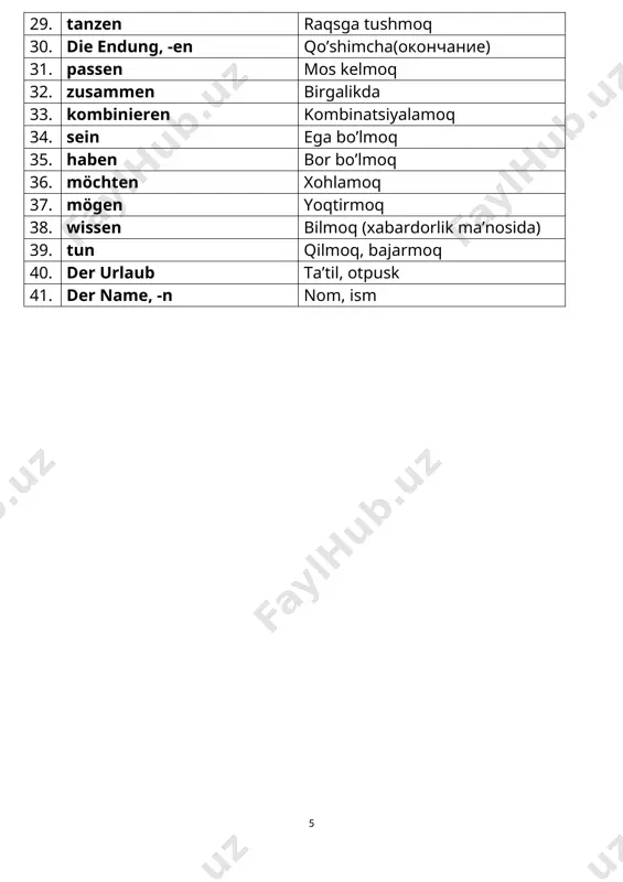 alle/ alles barcha, hamma(все)/ hammasi 52. niemand hech kim 53. etwas nimadir 54. richts hech narsa 55. mit bilan 56. ohne …siz (без) 57. schon mal allaqachon (уже) 58. noch nicht yo’q hali (ещё нет) 59. noch nie hali hechqachon (ещё никогда) 60. noch hali ham 61. kein (ot) mehr ortiq yo’q (больше нет) 62. nicht mir ortiq yo’q, endi yo‘q lernwortschatz von menschen. 6-dars kapitel 2. „ich bin journalistin“. № nemischa o’zbekcha (ruscha) 1. die vizitinkarte, -n vizitnaya kartochka 2. glauben 1) o’ylamoq, 2) ishonmoq 3. arbeiten+als sifatida ishlamoq 4. ich arbeite als journalistin men journalist tifatida ishlayman 5. bei -da 6. arbeiten+bei -da ishlamoq 7. ich arbeite bei x media men x mediada ishlayman 8. das kärtchen kartochka 9. das plakat, -e plakat, afisha 10. das bildlexikon / bildlexika rasmli lug’at 11. das wörterbuch, ¨-er lug’at (словарь) 12. beruflich kasbiy 13. der familienstand oilaviy holati (семейное положение) 14. …