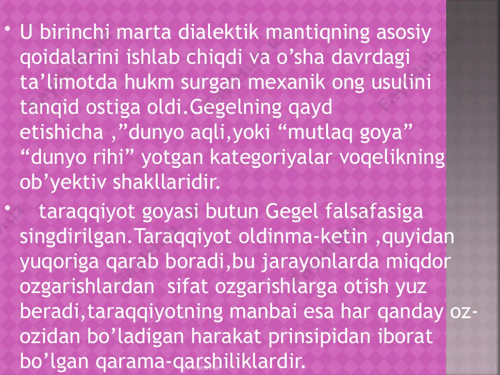 farq qiladi.hayot murakkab ozaro ta’sirlar natijasida vujudga kelgan.ilgari mavjud bolgan hayvonlar va osimliklar hozirgi vaqtda qirilib ketgan. www.arxiv.uz www.arxiv.uz www.arxiv.uz www.arxiv.uz feyerbax nuqtai nazaricha idealizm va din umumiy ildizlarga ega.”agar siz idealizmni inkor etsangiz, u vaqtda xudoni ham inkor etasiz”- deb yozadi u.faqt xudogina idealizmning asoschisidir. feyerbax yoshlik yillaridayoq oz ismini yashirgan holda “o’lim va abadiy yashash haqida fikrlar haqidaasrlar nashr qildirdi. www.arxiv.uz www.arxiv.uz unda jonning olmasligi haqidagi e’tiqodni tanqid ostiga olgan edi.buning kim tomonidan yozilgani aniqlangandan keyin kitob musodara qilinib,uning muallifi esa dars berish huquqidan mahrum qilinib,universitetdan boshatildi. feyerbax tugma diniy his tuygular haqidagi nazariyag qarshi chiqib dinni tarixiy taraqqiyot mahsuli sifatida qarab chiqdi.xudo feyerbax qarashicha insonlarning ozlari tomonidan oz mohiyatlarini ifodalash sifatida vujudga keltirilgan obyektga aylantirilgan abstrakt tushunchadir. www.arxiv.uz www.arxiv.uz “xudo,- deb yozadi faylasuf,-shunday zotki, inson o’zining mavjudligi ushun unga extiyoj sezadi.” “ayrim olingan baxt-saodat goyasini” u umumiy baxt-saodat goyasi bilan almashtiradi. bu baxt saodatga erishish imkoniyati faqat …