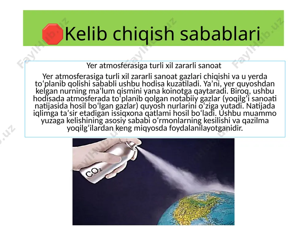 yer yuzida oʻrtacha haroratning ortishi oqibatida qutb muzlari eriydi, bu esa dengiz sathining koʻtarilishiga olib keladi. natijada bir qancha orollar suv ostida qoladi. quruqlikda esa choʻllashish hodisasi kuzatiladi.[1] atmosferada issiqxona effektini keltirib chiqaruvchi gaz miqdorining ortishi sayyoradagi tabiiy issiqlik muvozanatini buzadi. flora va fauna dunyosining keskin issiqlik oʻzgarishiga tez moslasha olmasligi sababli tabiatga yirik miqyosda zarar yetadi. shuningdek aholi zich joylashgan shaharlarda aksariyat qariyalar va surunkali kasali bor qatlam jaziram issiqda aziyat chekadi. aholi sogʻligiga issiqlikning keskin oshishi salbiy taʼsir koʻrsatadi. kelajakda issiqxona effektidan zarar koʻrmaslik uchun tavsiyalar: qayta tiklanadigan energiya manbalariga oʻtish; qazib olinadigan yoqilgʻidan kamroq foydalanish; sohalarda energiya tejovchi texnologiyalarni joriy qilish; energiya samaradorligini oshirish tabiiy yashilliklarni koʻpaytirish, oʻrmon yongʻinlarini oldini olish; ekologik toza qishloq xoʻjaligini joriy qilish; tuproq tarkibidagi organik moddalarni saqlash; tejamkor transport vositalaridan foydalanish. slideimiz yoqqan bo'lsa 1/10 balli tizimda baholang...! slide by: humoyun dadaxonov image1.jpeg image2.jpeg image3.jpeg image4.jpeg