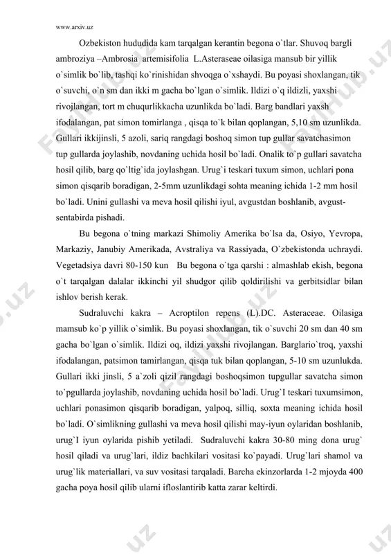 ib, urug`i iyun oylarida pishib yetiladi. sudraluvchi kakra 30-80 ming dona urug` hosil qiladi va urug`lari, ildiz bachkilari vositasi ko`payadi. urug`lari shamol va urug`lik materiallari, va suv vositasi tarqaladi. barcha ekinzorlarda 1-2 mjoyda 400 gacha poya hosil qilib ularni ifloslantirib katta zarar keltirdi. zarpechkalar (cuscuto l). chirmoviqdoshlar oilasiga mansub, tekinxur o`simliklar turkumi. ularning 36 tadan ortiq turi mavjuf. ularning ildizi va yashil barglari bo`lmaydi. poya va shoxlari sariq yoki pushti ranglarda bo`lib, kuchli darajada shoxlab ketadi, gullari mayda, oq yoki oqish-pushti ranglarda bo`ladi.mevalari maydi, ko`sak simon, ichida bir necha donadan iborat urug`i bor. urug`idan hamda poya qismlaridan ko`payadi.zarpechaeng zararli begona o`tlardan biri. u madaniy o`simliklar shirasini surib, qishloq ho`jaligiga katta zarar keltiradi. o`zbekistonda zarpechaklardan ko`proq kanop, beda, kartoshka va savzovot- poliz ekinlari zararlanadi. zarpechakning ba`zi turlari uzum va boshqa mevalarni ham zararlantiradi. unimg boshqa turlari esa chorva mollari uchun zaharlidir, ularnimg hammasi ham karantin o`simlik hisoblanadi va qaysi yerda paydo …