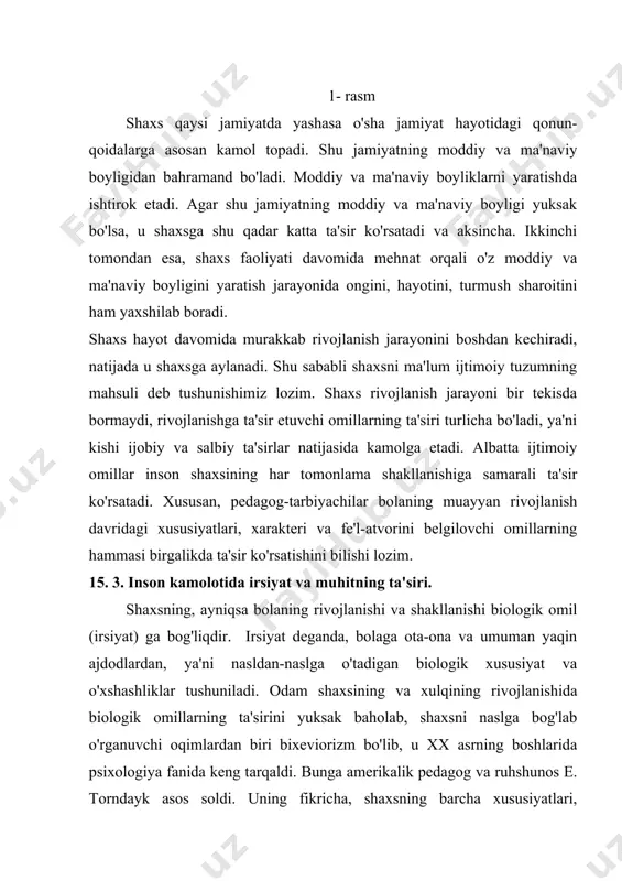 dir. irsiyat o'zgarmaydi, ijtimoiy muhit ham hamma davrlar uchun o'zgarmasdir. irsiyat bor va biologik omillarni inkor etolmaymiz. lekin irsiyatni mutlaqo o'zgarmas deb ham tushunmaslik kerak. demak, bola shaxsining rivojlanishiga irsiyatning ta'siri deganda ota-onaga, avlod-ajdodlarga o'xshashlikni ifodalovchi biologik belgilar va fiziologik xususiyatlarning takrorlanishini tushunmoq kerak. inson bolasi tayyor qobiliyat bilan emas, balki biror-bir qobiliyatning ruyobga chiqishi va rivojlanish manbai - layoqat bilan tug'iladi. layoqat o'z holicha emas, balki uning rivojlanishi uchun qulay muhit ta'sirida zarur. muhit deganda kishiga ta'sir etadigan tashqi voqealarning yig'indisini tushunamiz. bunga tabiiy muhit (geografik), ijtimoiy muhit, oila muhiti va boshqalar kiradi va ular bolalarning rivojlanishiga alohida ta'sir ko'rsatadi. agar bola o'z tug'ma layoqatiga mos sharoitda o'sib, zarur faoliyat bilan shug'ullansa, layoqat erta ko'rinib rivojlanishi, aksincha, bunday muhit bo'lmasa, yo'q bo'lib ketishi ham mumkin. kishilarning o'zaro muloqotlari natijasida bolada nutq paydo bo'ladi, shakllanadi. boladagi irsiy belgilarning o'sishi, kamol topishi insonlar muhiti, yashash sharoiti va tarbiyaga bog'liq bo'ladi. inson …