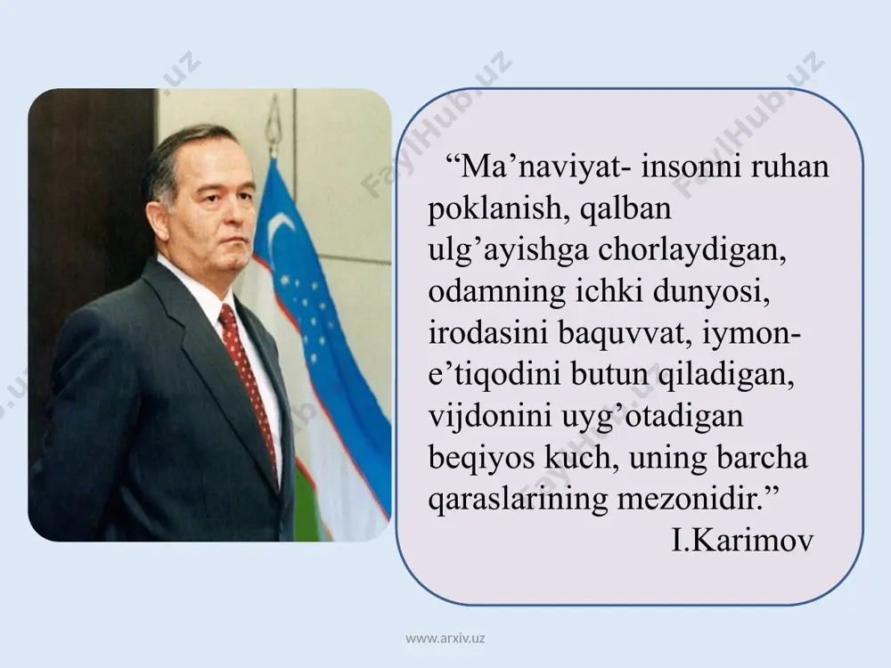 qqiyot davom etar ekan, uning shiddatli yurishi tuffayli ma’naviy hayot oldiga qo’yiladigan talablar ham muttasil paydo bo’laveradi. i.karimov ma’naviy yuksalishga erishish- bu bir yillik yoki besh- o’n yillik ish emas. xalq, millat o’z milliy ma’naviyatini yillar, asrlar davomida yuksaltirib boyitib boradi. www.arxiv.uz e’tiboringiz uchun rahmat! www.arxiv.uz audio1.wav image1.jpeg image2.png image3.gif image4.jpeg image5.gif image6.gif image7.gif image8.png image9.jpeg image10.gif image11.png image12.gif image13.jpeg image17.gif image14.jpeg image15.jpeg image16.jpeg image18.gif image19.jpeg image20.jpeg image21.gif image22.gif image23.gif image24.jpeg image25.jpeg image26.jpeg image27.jpeg image28.jpeg image29.jpeg /docprops/thumbnail.jpeg