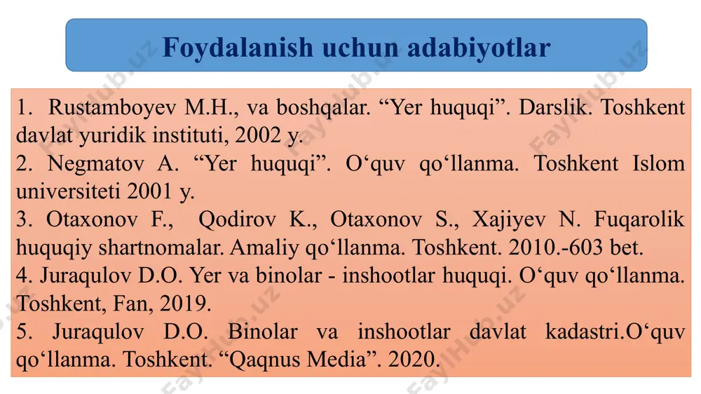 str yig‘majildi»ni tayyorlash va bino-inshoot obyektiga bo‘lgan huquqni davlat ro‘yxatidan o‘tkazishda, umumxo‘jalik ahamiyatiga ega bo‘lgan muxandislik obektlarini joylashtirishda, yer kadastri loyihalarini tuzishda hamda bino-inshootlarni qurish, saqlash va foydalanishda optimal usullarni aniqlash orqali ularning iqtisodiy samaradorligini huquqiy baholash malakalarga ega bo‘lishi lozim respublikamizda xalq xo‘jaligida iqtisodiy islohotlarni chuqurlashtirish va agrar sohani rivojlantirish hamda bugungi kunda bozor munosabatlarini yanada chuqurlashtirish, jumladan, soliq, ijara, sug‘urta, investitsiyalash hamda tadbirkorlikni rivojlantirish maqsadlarida davlat tomonidan yuritiladigan tadbir sifatida iqtisodiyotning asosiy yo‘nalishlaridan biriga aylantirishda yer va bino-inshootlar resurslaridan oqilona va samarali foydalanishni tashkil etish, ushbu soxani mukammallashtirish hisoblanadi. har bir davlatda yer va unga bog‘liq munosabatlar barcha ijtimoiy-iqtisodiy va siyosiy voqeyliklarning markazida turuvchi masaladir. yangidan barpo etilayotgan jamiyat o‘zining iqtisodiy rivojini dastlab yerga nisbatan munosabatni o‘rnatishdan boshlaydi. shu boisdan tarixda inqilobiy tub o‘zgarishlarda bosh masala hokimiyatni egallash bo‘lsa, yerga mulkchilik masalasi uning uzviy qismi bo‘lib hisoblangan o‘zbekiston respublikasi oliy kengashi 1991 yil 31 avgustda qabul qilgan «davlat …