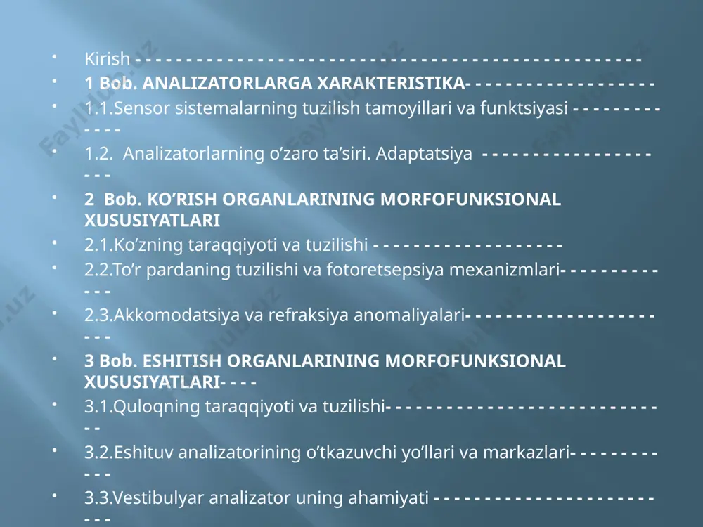 alomatligini saqlash nafaqat tibbiyot xodimlari va biologlarni ishi balki, keng xalq ommasining, ya’ni har bir insonning burchidir. sezgi a’zolari va ularning morfofunksional xususiyatlari, sezgi a’zolarining tashqi muhit bilan aloqadorligini o’rganish borasida olib borilayotgan ishlarning yetarli emasligi mavzuning dolzarbligini ko’rsatadi. ishning maqsadi va vazifalari: ishni tadqiq qilishda quyidagi maqsad va vazifalar belgilandi: -sensor sistemalarning asosiy tuzilish tamoyillari -ko’zning tuzilishi va yordamchi apparati -quloqning taraqqiyoti va tuzilishi -vestibulyar analizator, uning ahamiyati -visseral analizator va uning mohiyatini tadqiq qilish. tadqiqot obyekti va predmeti: insonning tashqi muhit bilan aloqasida sezgi a’zolarining ahamiyati katta. shuning uchun sezgi organlari- ko’z, quloq, analizatorlar, ishning obyekti sifatida belgilandi. ishning ilmiy yangiligi: ishni bajarish jarayonida sezgi a’zolarining morfofunksional xususiyatlarini o’rganish orqali turli sezgi a’zolari bilan bog’liq bo’lgan ko’plab kasalliklarning kelib chiqish sabablarini aniqlash. shuningdek, komputer tizimidagi ko’plab axborotlar va turmush tarzimizdagi stress omillarning sezgi a’zolarimizga ta’sirini o’rganish. retseptor o’tkazuvchi nerv yo’llari bosh miya analizator sensor tizimining tekshirish usullari sensor …