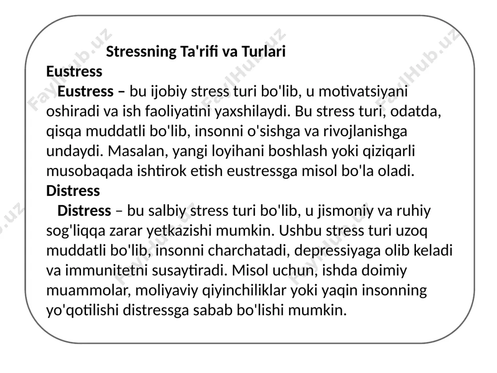 umumlashtirish kabi kognitiv buzilishlarni keltirib chiqarishi mumkin. kognitiv buzilishlar psixologik muammolarni kuchaytiradi. stress va kasallik: psixosomatik kasalliklar va immunitet psixosomatik kasalliklar stress bosh og'rig'i, oshqozon buzilishi, mushak og'rig'i, terida toshma va yurak-qon tomir kasalliklari kabi psixosomatik kasalliklarni keltirib chiqarishi yoki kuchaytirishi mumkin. psixosomatik kasalliklar jismoniy va ruhiy sog'liqni yomonlashtiradi. immunitet stress immunitetni susaytiradi, infektsiyalarga qarshi kurashish qobiliyatini pasaytiradi va kasalliklarga chidamlilikni kamaytiradi. surunkali stress autoimmun kasalliklar xavfini oshirishi mumkin. stressni boshqarish usullari: nafas olish texnikalari, meditatsiya va sport nafas olish texnikalari chuqur nafas olish, qorin bilan nafas olish va diafragmatik nafas olish kabi nafas olish texnikalari tanani tinchlantiradi, asab tizimini tartibga soladi va stressni kamaytiradi. meditatsiya meditatsiya aqliy fokusni oshiradi, xotirjamlikni ta'minlaydi va stressni boshqarishga yordam beradi. muntazam meditatsiya miya faoliyatini yaxshilaydi va psixologik farovonlikni oshiradi. sport jismoniy mashqlar endorfinlarni ishlab chiqaradi, kayfiyatni ko'taradi va stressni kamaytiradi. muntazam sport jismoniy va ruhiy salomatlikni yaxshilaydi. eʼtiboringiz uchun raxmat