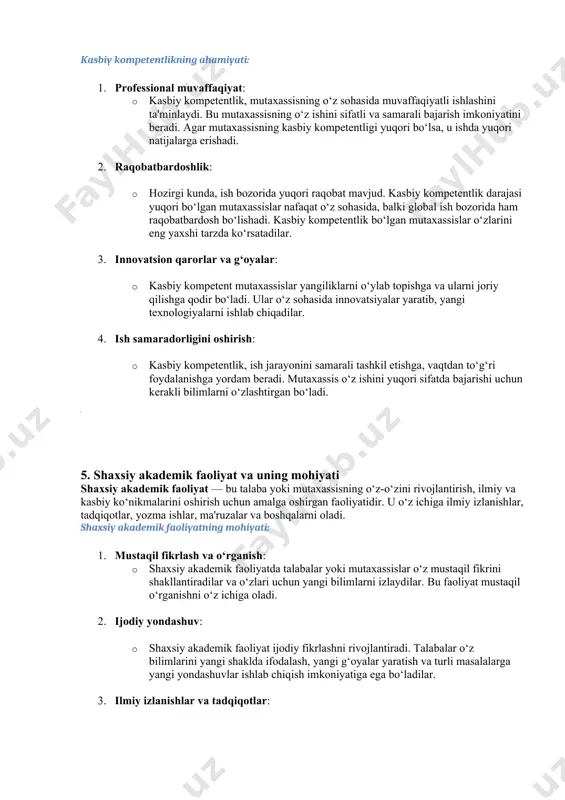 atning ajralmas qismi hisoblanadi. talabalar ilmiy ishlarni yozishda, taqdimotlarda, seminarlarda o‘z fikrlarini aniq va ravon ifodalashni o‘rganishlari lozim. 5. hamkorlik va jamoa bilan ishlash: · akademik ko‘nikmalar nafaqat mustaqil ishlashni, balki boshqalar bilan hamkorlik qilishni ham o‘z ichiga oladi. talabalar guruhda ishlashda o‘z fikrlarini boshqa odamlar bilan almashishni va jamoaviy ishlashni o‘rganadilar. 4. kasbiy kompetentlik va uning ahamiyati kasbiy kompetentlik — bu mutaxassisning o‘z sohasidagi bilim, ko‘nikma, malaka va shaxsiy xususiyatlar majmuasi bo‘lib, ularni amaliyotda muvaffaqiyatli qo‘llashga yordam beradi. kasbiy kompetentlikning ahamiyati: 1. professional muvaffaqiyat: · kasbiy kompetentlik, mutaxassisning o‘z sohasida muvaffaqiyatli ishlashini ta'minlaydi. bu mutaxassisning o‘z ishini sifatli va samarali bajarish imkoniyatini beradi. agar mutaxassisning kasbiy kompetentligi yuqori bo‘lsa, u ishda yuqori natijalarga erishadi. 2. raqobatbardoshlik: · hozirgi kunda, ish bozorida yuqori raqobat mavjud. kasbiy kompetentlik darajasi yuqori bo‘lgan mutaxassislar nafaqat o‘z sohasida, balki global ish bozorida ham raqobatbardosh bo‘lishadi. kasbiy kompetentlik bo‘lgan mutaxassislar o‘zlarini eng yaxshi tarzda ko‘rsatadilar. …