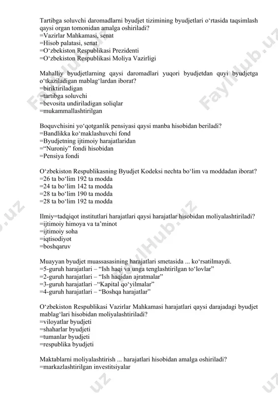 rajatlari hisobidan amalga oshiriladi? =markazlashtirilgan investitsiyalar =iqtisodiyot =boshqaruv =ijtimoiy soha tuman poliklinikalari ... hisobidan moliyalashtiriladi. =markazlashtirilmagan byudjet =byudjetdan tashqari fondlar =viloyat (shahar) byudjeti =tuman byudjeti moliya yilida qoraqalpog‘iston respublikasi byudjeti va mahalliy byudjetlar hisobvaraqlarida turishi mumkun bo‘lgan pul mablag‘lari qonun hujjatlari bilan belgilangan eng kam miqdori qanday nomlanadi? =byudjet dotatsiyasi =byudjet subvensiyasi =aylanma kassa me’yori =mahalliy byudjetlarga byudjet ssudasi iqtisodiy moxiyati buyicha byudjet harajatlari kanday turkumlarga bo‘linadi? =markazlashtirilgan investitsiyalar, ijtimoiy soha harajatlari =ijtimoiy madaniy tadbirlarga harajatlar, mudofaa =mahalliy byudjet, respublika byudjeti harajatlari =joriy va kapital harajatlar byudjet jarayoni byudjet faoliyatining nechta bosqichini qamraydi? =4 bosqichni =5 ta bosqichni =6 ta bosqichni =3 ta bosqichni quyidagi jarayonlarning qaysi biri byudjet jarayoni bosqichiga kiradi? =byudjet daromadlarini choraklik belgilash =byudjet daromadlarini choraklik rejalashtirish =byudjet harajatlarini uzviy rejalashtirish =byudjet loyihasini tuzish byudjet jarayonining 1-bosqichi nimadan iborat? =moliyaviy biznes reja tuzishdan =byudjet daromadlarini prognoz qilish =byudjet loyihasini tuzishdan =byudjet harajatlarini prognoz qilish byudjet jarayonining 2-bosqichi …