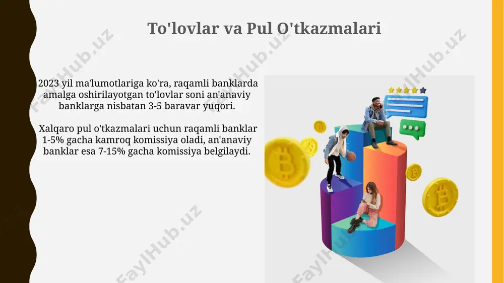o'tkazmasi uchun 1000 so'm va undan ortiq to'lov olinadi. raqamli bank ilovalari orqali o'rtacha 5 daqiqada hisobot olish mumkin bo'lsa, an'anaviy banklarda bu jarayon 1-3 kun davom etishi mumkin. investitsiyalar va jamg'armalar an'anaviy banklar investitsiya mahsulotlari bo'yicha 5% dan yuqori foiz stavkalarini taklif qilsa, raqamli banklar esa loyihalarga qarab 3% dan 8% gacha o'zgaruvchan foiz stavkalarini taklif qilishi mumkin. raqamli banklarda investitsiya fondlariga onlayn kirish imkoniyati mavjud bo'lib, bu mijozlarga 24/7 portfellarini boshqarish va 1000 dan ortiq turdagi aktivlarga investitsiya qilish imkoniyatini beradi. hisobvaraqlarni ochish va boshqarish raqamli banklarda hisobvaraq ochish onlayn tarzda 5 daqiqadan kamroq vaqtni oladi, an'anaviy banklarda esa bu jarayon 1-3 kun davom etishi mumkin. an'anaviy banklar hisobvaraqni boshqarish uchun oylik to'lovlarni undirishlari mumkin, raqamli banklar esa ko'pincha bepul xizmatlar taklif qiladi, ammo ba'zi xizmatlar uchun komissiya olishlari mumkin. kirish an'anaviy banklarda hisob ochish va operatsiyalarni amalga oshirish uchun hujjatlarni taqdim etish talab etiladi, raqamli banklarda esa …