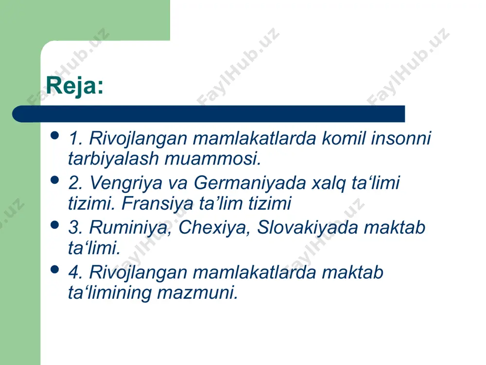 r yo’nalish bosqichidagi maktabda o’tadilar. bu yerda 5-6 sinf bosqichidagi yo’nalish maktablarda maxsus dastur asosida o’qiydilar. germaniyada o’quv rejasida i sinfga 21 soat, ii sinfga 24 soat, iii sinfga 26 soat (nemis tili, vatanshunoslik, matematika, mehnat, maktab qoshidagi uchastkada ishlash, rasm, musiqa, jismoniy tarbiya) ajratilgan. chexoslavakiyada o’quv rejasida i sinfga - 20 soat, ii sinfga - 22 soat, iii sinfga – 24 soat, iv sinfga – 24 soat ajratilgan. bolalar maktabga qabul qilinishidan oldin tibbiy ko’rikdan o’tkaziladi. ko’p mamlakatlarda 1-2 yillarda sinfda qoldirilmaydi. kuni uzaytirilgan guruhlarda o’quvchilarning 60-70 % i qamrab olingan. hozirgi kunda pedagogik texnologiyaga asoslangan yangi o’quv dasturlari va rejalari joriy etilmoqda. ta‘lim jarayoniga axborot texnologiyalari keng miqyosda kirib borayotir. vengriya va germaniyada xalq ta‘limi tizimi bolalar bog’chalari – 3-6 yoshli bolalarning bir qismini qamrab olgan (70 %). bog’chalarga qatnamaydigan bolalar maktabga borishdan 6 oy oldin tayyorlov mashg’ulotlariga jalb etiladi. bog’chalardagi mashg’ulotlar aholining ish rejimiga bog’liq holda tashkil …