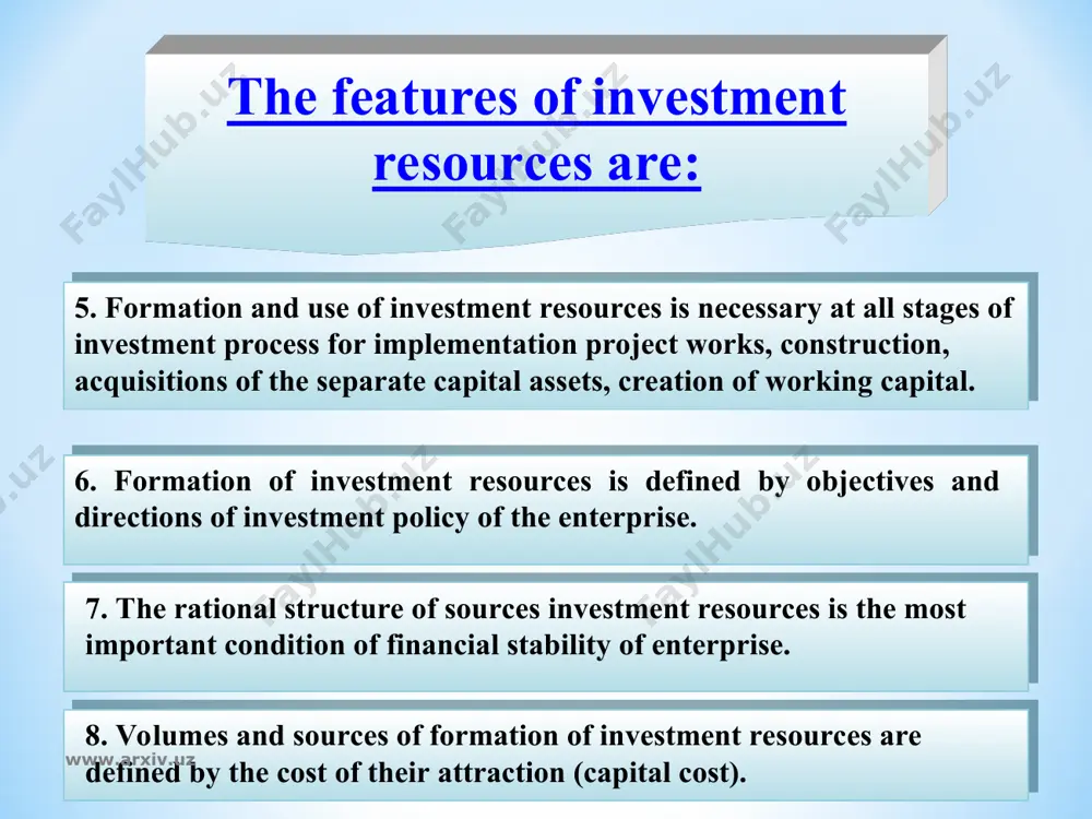 n afford only a few large companies. in these circumstances, the most viable source of financing is lending. lending. the basis of the relationship of the investor and the bank (other lender) is a loan agreement where determined the size of credit, its security (collateral), repayment guarantees, terms of use and methods of repayment, interest rates for the use, the liability of the parties. www.arxiv.uz identification of sources of investment resources of the enterprise is one of the most important tasks for the successful operation of the business and the successful implementation of investment projects. an important feature of the choice of sources of investment resources is wide enough alternative to meet the same investment needs of the enterprise. in this regard, experts recommend the use of multiple sources of investment. mixed financing based on various combinations of the methods described above and can be implemented in all forms of …