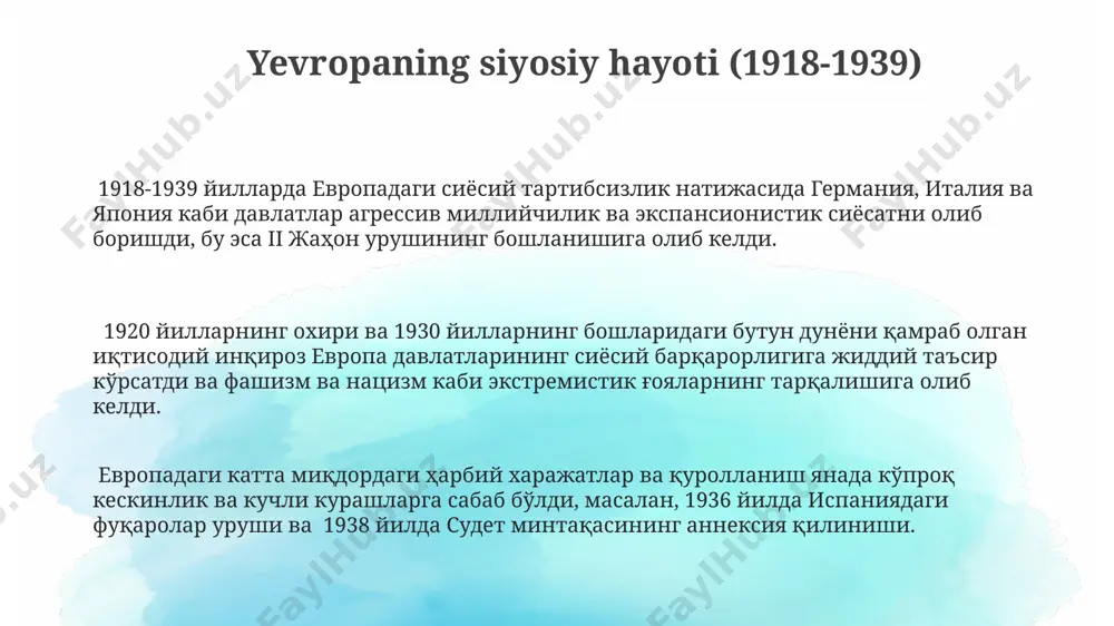 stremizmning kuchayishiga va urushga tayyorgarlik ko'rishga sabab bo'ldi. ikkinchi jahon urushi arafasida germaniya, 1936-yilda reynlandiyani militarizatsiya qilib, versal shartnomasi shartlarini buzdi, bu esa xalqaro keskinlikni kuchaytirdi va yevropada katta miqyosli konfliktga tayyorgarlik ko'rishni tezlashtirdi. yaponiya 1931-yilda manchjuriyani bosib oldi va 1937-yilda xitoyga keng ko'lamli hujum boshladi, bu esa osiyoda militarizmning o'sishi va ikkinchi jahon urushiga olib keladigan global mojaroga hissa qo'shdi. ikki jahon urushi oraligʻidagi yevropa iqtisodiyoti 1930-yillardagi buyuk depressiya yevropa mamlakatlarini, ayniqsa buyuk britaniyani, ishsizlikning keskin oshishiga va yalpi ichki mahsulotning 15% gacha pasayishiga olib keldi, bu esa ijtimoiy tartibsizliklarni keltirib chiqardi. ikki jahon urushi oraligʻida germaniya, 1920-yillarning oxiriga kelib, veymar respublikasining moliyaviy inqiroziga qaramay, ogʻir sanoatda sezilarli darajada oʻsishni boshdan kechirdi, bu esa uning global iqtisodiyotdagi taʼsirini oshirdi. fransiya, 1920-yillarning oʻrtalarida nisbatan barqaror iqtisodiyotga ega boʻlsa-da, agrar sektori asosan qishloq xoʻjaligiga bogʻliq boʻlib, sanoatlashgan mintaqalarga nisbatan kam rivojlangan edi. e'tiboringiz uchun rahmat @taqdimot_robot image1.png