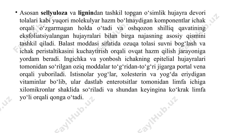 om nerv tizimi tomonidan rag‘batlantiriladi. d xujayralari tomonidan chiqariladigan peptid somatostatin va ba’zi prostaglandinlar ingibirlash ta’siriga ega. gastrin oshqozon-ichak traktining gormonlar guruhiga kiradi. gastrin va atsetilxolin ham bosh hujayralar tomonidan pepsinogenning shakllanishi va sekretsiyasini rag‘batlantiradi. qo‘shimcha hujayralar tomonidan mutsinlarning sekretsiyasi atsetilxolin, sekretin va prostaglandin e1 (pge1) tomonidan stimullanadi va glyukokortikoidlar tomonidan ingibirlanadi. xlorid kislota hosil bo‘lishi moddalarni so‘rilishi i enzimatik parchalanish mahsulotlarining so‘rilishi ingichka ichakda boshlanadi. oshqozonda faqat etil spirti va qisqa zanjirli yog‘ kislotalari qisman so‘riladi. so‘rilish ichakning ichki katta yuzasi yuzasi bilan amalga oshiriladi. lipofil molekulalar shilliq qavat hujayralarining plazma membranasiga oddiygina diffuziya orqali kirib boradi, qutbli molekulalar esa tashuvchilarni tashishni talab qiladi (yengillashtirilgan diffuziya). ko‘p hollarda bu jarayon na+ va h+ ionlarini birgalikda tashish bilan birga kechadi. bunday holda, na+ ionlari kontsentratsiyasidagi farq (oshqozon bo‘shlig‘ida yuqori va shilliq hujayralarida past) ozuqa moddalarining konsentratsiya gradientiga qarshi o‘tkazilishiga yordam beradi (ikkilamchi faol transport). xlorid kislotasi, musinlar va pepsinogen sekretsiyasini …