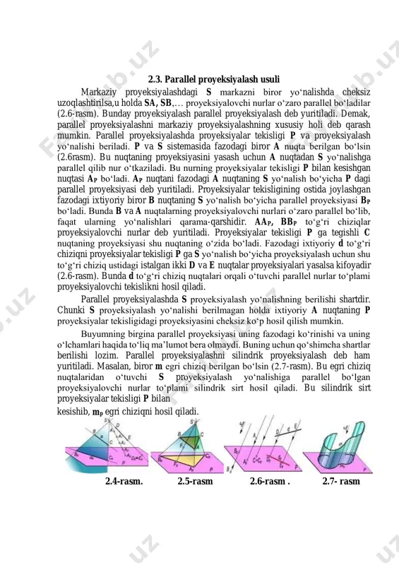 eksiyalash markazi s dan o‘tuvchi to‘g‘ri chiziqning markaziy proyeksiyasi nuqta bo‘ladi. masalan, de to‘g‘ri chiziq kesmasining markaziy proyeksiyasi dp≡ep nuqta bo‘ladi (2.4-rasm). 4-xossa. s markazdan o‘tmaydigan tekislikning markaziy proyeksiyasi tekislik bo‘ladi.masalan, abc uchburchak tekisligining nuqtalar to‘plamini s markaz bo‘yicha proyeksiyalar tekisligi p ga proyeksiyalanganda (2.5-rasm) sabc proyeksiyalovchi piramida xosil bo‘ladi. bu piramidaning proyeksiyalar tekisligi p bilan kesishuvidan apbpcp uchburchak hosil bo‘ladi. s markazdan o‘tuvchi tekislik va unga tegishli geometrik shakllarning markaziy proyeksiyalari bitta to‘g‘ri chiziqqa proyeksiyalanadi. masalan, sab tekisligi va unga tegishli f nuqtaning proyeksiyasi apfpbp kesmada bo‘ladi (2.5-rasm). 5-xossa. agar biror tekis shakl proyeksiyalar tekisligiga parallel bo‘lsa, uning proyeksiyasi o‘ziga o‘xshash shakl bo‘ladi. 6-xossa. s proyeksiyalash markazidan o‘tuvchi va proyeksiyalar tekisligi p ga parallel bo‘lgan nurlar ustidagi nuqtalarning markaziy proyeksiyasi p ning xosmas chizig‘i ustida bo‘ladi. markaziy proyeksiyalashda s markaz, proyeksiyalar tekisligi p va proyeksiyalanuvchi shaklning o‘zaro vaziyatlariga ko‘ra quyidagi xossalarni keltirish mumkin. 7-xossa. proyeksiyalanuvchi shaklning proyeksiyalar markazi bilan …