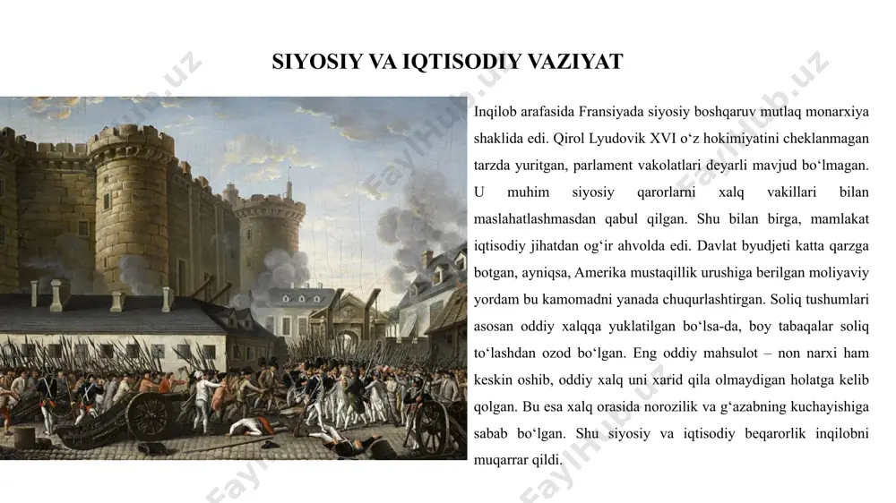 rakkab bosqichi hisoblanadi. robespierre va gil’yotin robespierre jakobinlar hokimiyati davrida siyosiy islohotlar orqali inqilob g‘oyalarini mustahkamlashga intildi. u fuqarolik tengligi, umumiy ta’lim, din va davlatning ajratilishi kabi g‘oyalarni ilgari surdi. biroq, u boshchilik qilgan rejim o‘z raqiblariga nisbatan juda qattiqqo‘l bo‘lib, terror siyosati orqali minglab odamlarning qatl etilishiga sabab bo‘ldi. vaqt o‘tishi bilan robespierre o‘z hokimiyatini haddan ortiq mustahkamlab, hatto sobiq ittifoqchilarini ham dushman sifatida yo‘q qila boshladi. bu esa parlamentdagi boshqa guruhlarning noroziligiga sabab bo‘ldi. 1794-yil 27-iyulda (9-thermidor sanasi bo‘yicha) robespierre va uning eng yaqin tarafdorlari hibsga olinib, 28-iyulda gil’yotin qilindilar. uning qatl etilishi bilan “qo‘rqinchli terror” davri yakunlandi va fransiyada siyosiy vaziyat nisbatan barqarorlasha boshladi. bu voqea inqilobning yangi bosqichiga yo‘l ochdi. direktorlar davri robespierre qatl etilgach, fransiyada yangi siyosiy tuzum – direktorlar boshqaruvi o‘rnatildi. bu davr 1795-yildan 1799-yilgacha davom etdi va respublika konstitutsiyasining yangi shakli asosida ish olib borildi. besh kishidan iborat direktorlar kengashi ijro hokimiyatini amalga …