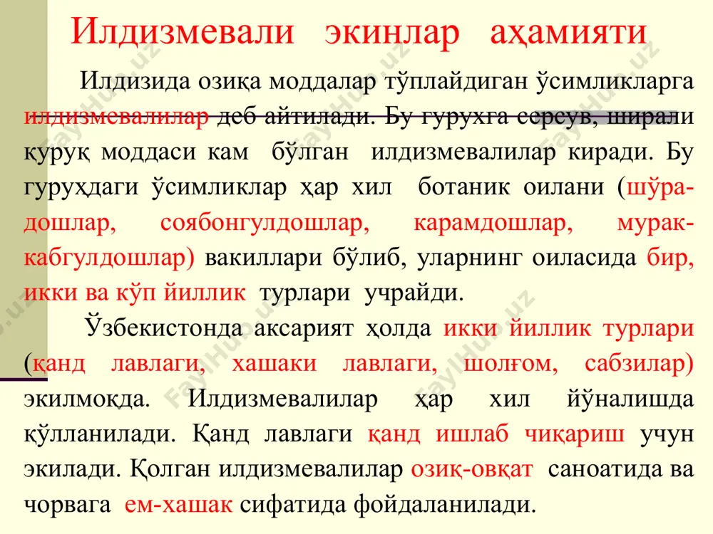 илдизмева ҳосили олинган. ўзбекистонда (1998 й.) 119,7 ц/га илдизмева олинган. уруғ ҳосили 15-20 ц/га. биологик хусусиятлари қанд лавлаги икки йиллик ўсимлик бўлиб, ўсув даври иккига бўлинади. биринчи йили илдиз мева ва тўпбарг ҳосил қилади ва 150-170 кун давомида ривожланади. иккинчи йили ана шу илдизмевалар қайта далага экилгач ўсиб, поя, гул ва уруғ ҳосил қилади. бу давр 100-120 кун давом этади. у биринчи йили шимолий туманларда 1800-2000°с фойдали ҳарорат талаб қилади. кейинги йили эса 2500-3500°с ҳарорат ривожланиши учун сарфланади. * биологик хусусиятлари қанд лавлаги уруғи +2-5°с иссиқликда уна бошлайди, +6-7°с да майса ҳосил қилади. майсалари баҳорги –4-5°с совуққа чидайди. лавлагида фотосинтез жараёни ва ривожланиш иссиқлик ҳарорати +20-25°с бўлганда жадал кечади. кузда ўсимликнинг ўсиши +2-4°с бўлганда тўхтайди. оналик илдизмева +3-4°с да яхши сақланади. қанд лавлаги ҳаётининг биринчи кунидан бошлаб намга талабчан, қурғоқчиликка чидамли. уруғ бўртиши ва униши учун уруғнинг оғирлигига нисбатан 150-170% сув сарфланади. илдизмеваларни йиғиштириш пайтида ёки қишда юқори ҳароратда сақланса, …