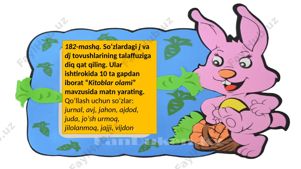 dj tovushining talaffuzi va imlosiga diqqat qiling. 186-mashq. uyga vazifa. “men …-ni juda xohlar edim” mavzusida orzu-istaklaringizni 10–12 ta gap ko‘rinishida yozing. e’tiboringiz uchun rahmat! image1.jpg image2.jpeg image3.gif image4.png image5.jpg image6.png image7.png image8.png image9.png image10.png image11.png image12.png image13.png image14.jpeg image15.jpeg image16.gif image17.png image18.png image19.png image20.jpeg