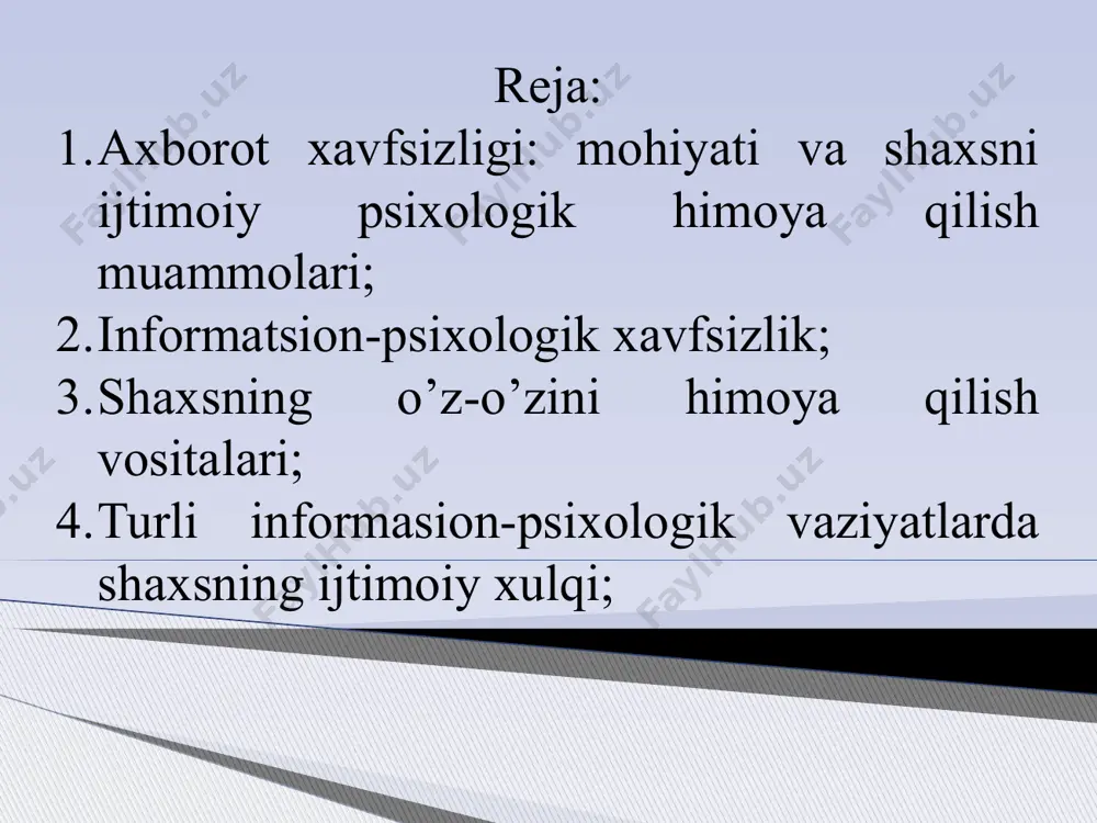 diy diversiyalarning oldini olish va ularga yo’l qo’ymaslikka bog’liq bo’lgan maxsus choralarni, terroristik xurujlarning oldini olish va ularnii vaqtida bartaraf etish, kelib chiqishi bo’yicha ijtimoiy, tabiiy, biologik hamda texnik asosli tahdidlardan jamiyat a’zolarini himoya qilishni nazarda tutadi axborot xavfsizligi – aslida jamiyatning obyektiv, xolis, haqqoniy axborot manbaiga ega bo’lishi uchun yaratilayotgan shart-sharoitlarni nazarda tutadi. albatta, bunga mustaqil axborot vositalari orqali aholiga yetib keladigan ma’lumotlar oqimi ham kiradi. bu vositalar aynan mustaqil bo’lganliklari uchun ham birinchi navbatda moliyaviy, qolaversa, siyosiy va boshqa tomonlardan hech bir siyosiy kuch, alohida davlat yoki ijtimoiy qatlamning manfaatlariga xizmat qilmasliklari kerak. axborot xavfsizligining vazifalari: shaxs va jamiyatning axborot qabul qilish va undan foydalanishga bo’lgan huquqini ta’minlash; xolis axborotlar makonini ta’minlash (mustaqil oav tizimini yaratish orqali); informasion va telekommunikasion texnologiyalar sohasidagi jinoyatlarni bartaraf etish yo’li bilan ushbu yo’nalishda sodir bo’lishi mumkin bo’lgan terroristik tahdidlar, jumladan, telefon orqali, kompyuter tizimi orqali ro’y beradigan xavflarni, shu orqali noqonuniy mablag’larning …