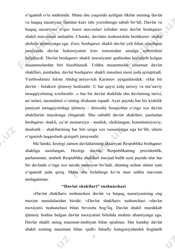 shakllari” tushunchasi «davlat shakllari» tushunchasi davlat va huquq, nazariyasining eng muxim masalalaridan biridir. «davlat shakllari» tushunchasi «davlat moxiyati» tushunchasi bilan bevosita bog‘liq. davlat shakli murakkab ijtimoiy hodisa bulgan davlat moxiyatini bilishda muhim ahamiyatga ega. davlat shakli uning mazmun-mohiyati bilan ajralmas. har kanday davlat shakli uzining mazmuni bilan «juft» falsafiy kategoriyalardek boglanib ketgan. mazmun davlat hokimiyatining, subyektining taalluqliligini belgilash imkonini beradi va uni kim amalga oshiradi, degan savolga javob qiladi. shaklni tushunish esa davlat hokimiyati qanday uyushtirilganligi, qaysi idoralar orkali namoyon bulishi, ushbu idoralarning tashkil etilish tartibi kanday bulishi, ulardagi vakolatlarning muhlati, davlat hokimiyatini amalga oshirish usullarini tushunishga yordam beradi. davlat jamiyatning maxsus tarkibiy hududiy tashkiloti sifatida kanday muayyan shakllarda namoyon buladi? davlat har xil shakllarga ega bulishi mumkin. huquqiy adabiyotlarda davlat shakli tushunchasiga turlicha ta’rif beriladi.. ba’zi huquqshunoslar davlat shakli deganda davlat boshqaruvi va davlat tuzilishi shaklida uz ifodasini topadigan davlat organlari strukturasi va tashkilotini tushunadi. bunda davlat shakli tushunchasiga …