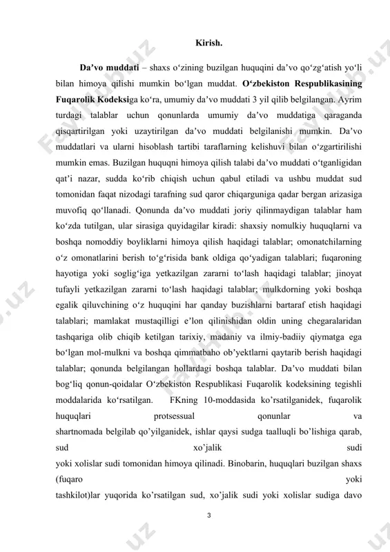 normal ishlashida, topshiriqlami o‘z vaqtida bajarishda, muhimi, shartnoma intizomiga amal qilishda katta rol o‘ynaydi. huquqni himoya qilish va uni amalga oshirishda vaqtning ahamiyati shundan iboratki, u faktik holatlarni keltirib chiqaradi, faktlarni huquqga (talab qilish huquqiga) aylantiradi, huquqni vujudga keltiradi, o‘zgartiradi hamda bekor qiladi. vaqt shaxslarga huquq beradi, ba’zilaridan esa huquqni olib qo‘yadi yoki huquqning harakatini to‘xtatadi. da’vo muddati deb shaxs o‘zining buzilgan huquqini da’vo qo‘zg‘atish yo‘li bilan himoya qilishi mumkin bo’lmaydigan muddatga aytiladi. har qanday fuqarolik da’vosining ikki tomoni bor: birinchidan, moddiy-huquqiy tomoni bunda, avvalo, da’vogarning javobgarga nisbatan muayyan nizoli moddiy-huquqiy talabi bo‘lishi, masalan, biron-bir ashyoning topshirilishi, pul to‘lanishi, xizmat ko‘rsatilishi, zararning qoplanishi xususida talab qilinadi; ikkinchidan, protsessual huquqiy tomoni — bunda taraflar o‘rtasida kelib chiqqan nizoning mazmunan hal qilinishi va buzilgan yoki nizoli huquqning qo‘riqlanishi to‘g‘risida sudga iltimos bilan murojaat qilinadi. fkning 10-moddasida ko‘rsatilganidek, fuqarolik huquqlari protsessual qonunlar va shartnomada belgilab qo‘yilganidek, ishlar qaysi sudga taalluqli bo’lishiga qarab, sud, …