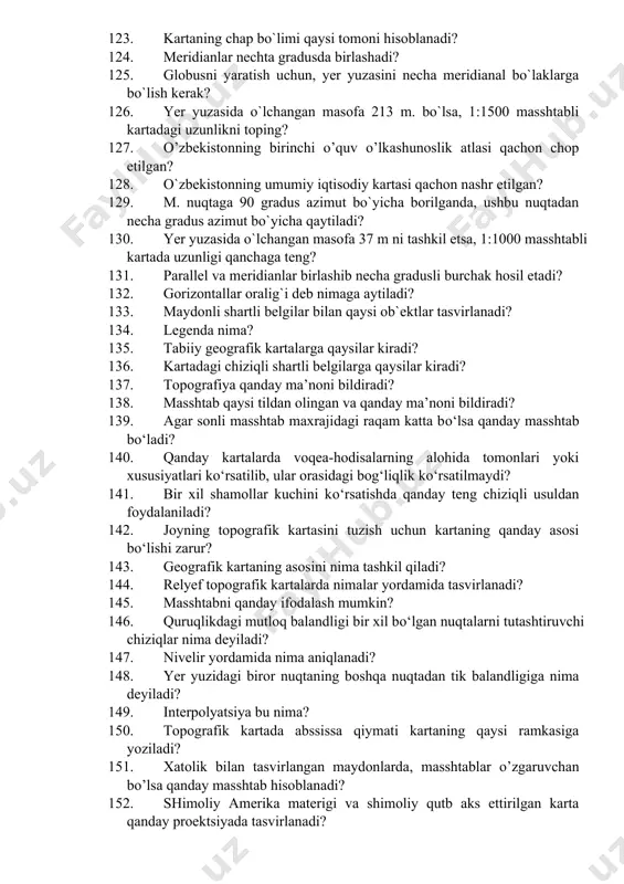 vositalari va boshqa shu kabi obyektlar qaysi shartli belgilar bilan ko‘rsatiladi? 103. generalizatsiya degan so`zning ma`nosi nimani bildiradi? 104. geografik kartalar shartli ravishda qanday turlarga bo`linadi? 105. suv ob`ektlari, rel`ef, to`proq va o`simliklar, aholi punktlar, aloqa yo`llari, chegaralar qanday kartada beriladi? 106. kartalarda 0 metrdan past joylar qanday rangda tasvirlanadi? 107. qaysi proektsiyada burchak xatoligi bo`lmaydi? 108. ekvatordan birdek uzoqlikda joylashgan nuqtalarni birlashtiradigan chiziqlar nima deyiladi? 109. nuqtaning geografik koordinatasi deyilganda nima tushuniladi? 110. joyning nisbiy balandligini aniqlash uchun ishlatiladigan asbob bu ……? 111. qanday kartalarda rel`efni tasvirlash qiyin bo`ladi? 112. barcha kartografik proektsiyalar qanday yo`l bilan tuziladi? 113. yakka o`sgan daraxt, buloq, quduq, tegirmon, zavod, geodezik tayanch nuqtalar va shu kabi boshqa ob`ektlar qaysi shartli belgilar bilan ko`rsatiladi? 114. materik kartaları uchun kimning ko`ndalang gorizontal` azimutal proektsiyasi qo`llaniladı? 115. izokol nima? 116. kartalarda tog`lar qanday rangda tasvirlanadi? 117. azimutda 1350 qaysi tomonni ko`rsatadi? 118. azimutda 1800 qaysi tomonni ko`rsatadi? …