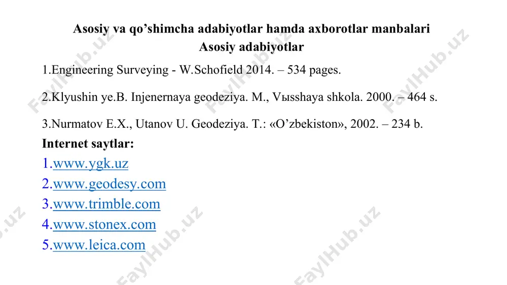 oddiy geodezik asbob — teodolit-taxeometr (doiraviy taxeometr) yordamida bajariladi. s’yomka jarayonida kerakli o’lchashlarni amalga oshirish uchun mazkur asbobning gorizontal va vertikal doiralari hamda ko’rish trubasidagi ipli dalnomer chiziqlari xizmat qiladi. hozirgi kunda ishlab chiqarishda keng qo’llanilayotgan hamda yan­gi ishlab chiqarilayotgan texnik aniqlikdagi va aniq teo­do­lit­lar­ning barchasi doiraviy taxeometrlar bo’lib xizmat qila oladi (2t30p, 3t30p, 4t30p, 4t15p, 2t5k va boshqalar). h+ l=h'+ i yoki h = h'+ i – l . xuddi o’sha shakldan h' = dtgv bo’lgani uchun nisbiy balandlik qiymati quyidagiga teng: h = dtgv+ i – l. leica ts 06 plus электрон тахеометрининг қисмлари a) асбоб ва трегер b) кабел gev189 (usb-rs232) c) доиравий адилак gli115 d) инструмент баландлигини ўлчовчи мослама ght196 e) ясси нурқайтаргич cpr105 f) инструмент баландлигини ўлчовчи мослама ghm007 g) обектив ва линза қопқоғи h) инструмент учун комуникация блоки кабели gev223 (usb-mini usb) i) кичик призма gmp111 leica ts 06+ электрон тахеометрининг тузилиши 1. j) …