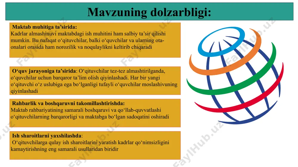 a bo‘lgan qiziqishini oshirish. startup business success mavzu yuzasidan xorijiy davlatlar tajribalari kanadada kadrlarni joylashtirish tizimi: o‘qituvchilarni o‘zlari uchun qulay bo‘lgan geografik joylarga joylashtirish orqali ularning ishdan ketishini kamaytirish. madaniy moslashuvni ta’minlash ko‘p millatli hududlarda ishlovchi o‘qituvchilarga madaniy o‘zaro ta’sir va moslashish bo‘yicha treninglar o‘tkaziladi. yaponiyada o‘qituvchilarni tanlashda: ularning yuqori malakasi va ta’lim darajasi muhim ahamiyatga ega.o‘qituvchilarni ishga qabul qilish jarayoni juda qattiq va tanlovli bo‘lib, faqat eng yaxshi nomzodlar tanlanadi. bu jarayon yozma imtihonlar, intervyular va amaliy mashg‘ulotlarni o‘z ichiga oladi. aqshda qimmatlashgan maoshlar: ba’zi shtatlar va okruglar o‘qituvchilar uchun yuqori maoshlar va bonuslarni joriy qilgan, bu esa kadrlar qo‘nimsizligini kamaytirishga yordam beradi. avstraliyada ishga kiruvchi grantlar: yangi o‘qituvchilar uchun turli xil grand va stipendiyalar mavjud, bu ularga moliyaviy qo‘llab-quvvatlash imkonini beradi. 8 № amaldagi holat (oʻzbekistonda) amaldagi holat (xorijda) taklif 1 bizning maktablarda yangi ishga kirayotganlarga moliyaviy imtiyoz va garandlarning barcha fanlardan ham joriy etilmaganligi. avstraliyada ishga kiruvchi …