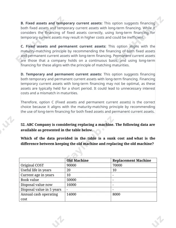 hort period. it could lead to unnecessary interest costs and a mismatch in maturities. therefore, option c (fixed assets and permanent current assets) is the correct choice because it aligns with the maturity-matching principle by recommending the use of long-term financing for both fixed assets and permanent current assets. 52. abc company is considering replacing a machine. the following data are available as presented in the table below. which of the data provided in the table is a sunk cost and what is the difference between keeping the old machine and replacing the old machine? old machine replacement machine original cost 90000 70000 useful life in years 20 10 current age in years 10 - book value 50000 - disposal value now 16000 - disposal value in 5 years - - annual cash operating cost 14000 8000 a. birr 50,000 sunk cost and 74,000 in favour of keeping the old …