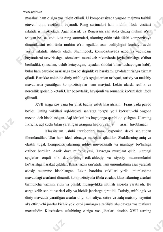 diiy uslub klassitsizm fransiyada paydo bо‘ldi. uning vakillari aql-idrokni san’atga tо‘g‘ri yо‘l kо‘rsatuvchi yagona mezon, deb hisoblashgan. aql-idrokni his-hayajonga qarshi qо‘yishgan. ularning fikricha, aql kuchi bilan yaratilgan asargina haqiqiy san’at asari hisoblanadi. klassitsizm uslubi tarafdorlari ham uyg‘onish davri san’atidan ilhomlandilar. ular ham ideal obrazga murojaat qiladilar. shakllarning aniq va elastik tugal, kompozitsiyalarning jiddiy muvozanatli va mantiqiy bо‘lishiga e’tibor berdilar. antik davr mifologiyasi, tavrotga murojaat qilib, ulardagi syujetlar orqali о‘z davrlarining etik-ahloqiy va siyosiy muammolarini kо‘tarishga harakat qildilar. klassitsizm san’atida ham umumlashma asar yaratish asosiy muammo hisoblangan. lekin barokko vakillari yirik umumlashma mavzudagi asarlarni dinamik kompozitsiyada ifoda etsalar, klassistlarning asarlari birmuncha vazmin, ritm va plastik musiqiylikka intilish asosida yaratiladi. bu asrga kelib san’at asarlari oliy va kichik janrlarga ajratildi. tarixiy, mifologik va diniy mavzuda yaratilgan asarlar oliy, komediya, satira va xalq maishiy hayotini aks ettiruvchi janrlar kichik yoki quyi janrlarga ajratilishi shu davrga xos mafkura maxsulidir. klassitsizm uslubining о‘ziga xos jihatlari …