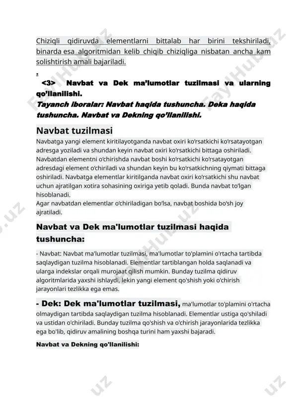 ha tartibda saqlaydigan tuzilma hisoblanadi. elementlar tartiblangan holda saqlanadi va ularga indekslar orqali murojaat qilish mumkin. bunday tuzilma qidiruv algoritmlarida yaxshi ishlaydi, lekin yangi element qo'shish yoki o'chirish jarayonlari tezlikka ega emas. - dek: dek ma'lumotlar tuzilmasi, ma'lumotlar to'plamini o'rtacha olmaydigan tartibda saqlaydigan tuzilma hisoblanadi. elementlar ustiga qo'shiladi va ustidan o'chiriladi. bunday tuzilma qo'shish va o'chirish jarayonlarida tezlikka ega bo'lib, qidiruv amalining boshqa turini ham yaxshi bajaradi. navbat va dekning qo'llanilishi: - navbat: navbat ma'lumotlar tuzilmasi, qidiruv algoritmlarida (masalan, chiziqli qidiruv) yoki tartiblash algoritmlarida (masalan, qo'shish, o'chirish) ishlatiladi. elementlar indeks orqali murojaat qilinishi mumkin. - dek: dek ma'lumotlar tuzilmasi, qidiruv algoritmlarida (masalan, binar qidiruv) yoki qo'shish/o'chirish amallarida ishlatiladi. yangi elementlar ustiga qo'shiladi va ustidan o'chiriladi. bu tuzilma asosan qo'shish va o'chirish amallarida ishlatiladi. pufakchali saralash (bubble sort) haqida tushuncha va uni ishlash algoritmi. tayanch iboralar: bublle saralash haqida tushuncha. qandaydir sonlardan iborat bo’lgan m nomli tartibsiz massiv berilgan. m(z, k, …