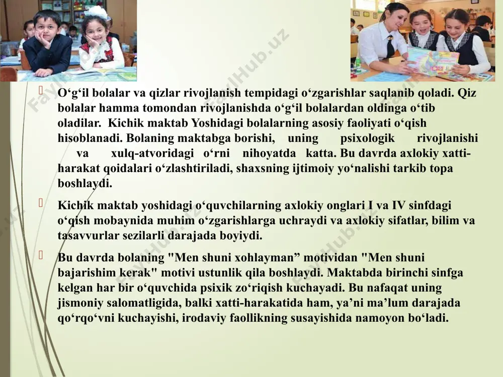 ni uzoq muddat muayyan narsalarga qarata olmaydilar va diqqat ob’ektlari ustida uzoq tura olmaydilar.ta’lim jarayoni kichik maktab yoshidagi o‘quvchilarning ixtiyoriy, barqaror, mustahkam, kuchli, faol ongli diqqatni rivojlantirishga qulay shart-sharoit yaratadi. bilim olish jarayonida mustaqil aqliy mehnat qilish, misol-masalalar echish, mashqlar bajarish, takrorlash irodaviy zo‘r berish jarayonida ixtiyoriy, ongli diqqat tarkib topadi. bu yoshdagi bolalarda ixtiyoriy diqqatni to‘plash, tashkil qilish, uni taqsimlash, ongli ravishda boshqarish uquvi shakllana boshlaydi. boshlang‘ich sinf o‘quvchilarining shaxslararo munosabati birinchi bor maktabga kelgan bola o‘z atrofdagilari bilan psixologik jihatdan yangi munosabat tizimiga o‘tadi. u hayotining tubdan o‘zgarganini, unga yangi majburiyatlar, nafaqat, har kuni maktabga borish, balki o‘quv faoliyati talablariga bo‘ysunish ham yuklatilganligini his eta boshlaydi. bola insoniy munosabatlar tizimida ham alohida o‘rin egallayotganini bila boshlaydi. ota-onasi, yaqinlari, atrofdagilari unga yosh boladek emas, balki o‘z vazifalari, majburiyatlari bor bo‘lgan, o‘z faoliyat natijasiga ko‘ra hurmatga sazovor bo‘lishi mumkin bo‘lgan alohida shaxs sifatida munosabatda bo‘ladilar. oila a’zolarining bola o‘quv faoliyati, …