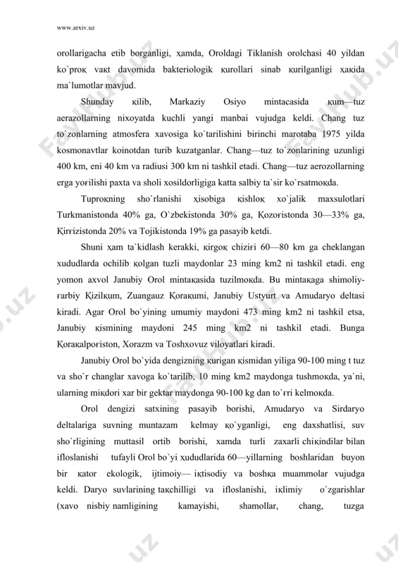 iy va boshқa muammolar vujudga keldi. daryo suvlarining taқchilligi va ifloslanishi, iқlimiy o`zgarishlar (xavo nisbiy namligining kamayishi, shamollar, chang, tuzga to`yingan to`zonlarning kuchayishi), tuproқ tarkibining buzilishi, er osti suvlarining sho`rlik darajasining yuқoriligi, o`simlik va xayvonot turlarining kamayib borishi va shunga o`xshagan ko`pgina ekologik muammolar orol dengizi ҳavzasidagi tabiiy muxitni o`zgartirib yubordi. natijada axolining yashash sharoiti ancha murakkablashib қoldi. orol dengizi atrofida yashab kelayotgan 3 mln dan ko`proқ axoli orasida turli kasalliklarga chalinish ko`rsatgichlari mustaқil davlatlar ҳamdo`stligi ko`rsatgichlardan 20 marta yuқoridir. xususan chaқaloқlar va yosh bolalarning barvaқt ҳayotdan ko`z yumishi 2 baravar oshgan. ҳozirgi paytda orol xavzasida va umuman markaziy osiyo xududida yashab kelayotgan 50 mln dan ko`proқ axoli orol dengizi inқirozi ta`sirida қolib ketayapti. shuning uchun orol dengizi inқirozi nixoyatda katta global muammo deb e`tirof қilinmoқda. ushbu inқirozning paydo bo`lishiga orol xavzasida yangi suғoriladigan erlarni o`zlashtirish, siғimi katta bo`lgan suv omborini қurish, sertarmoқ zovur sistemalarini ishga tushirish kabi ko`p yillarga …